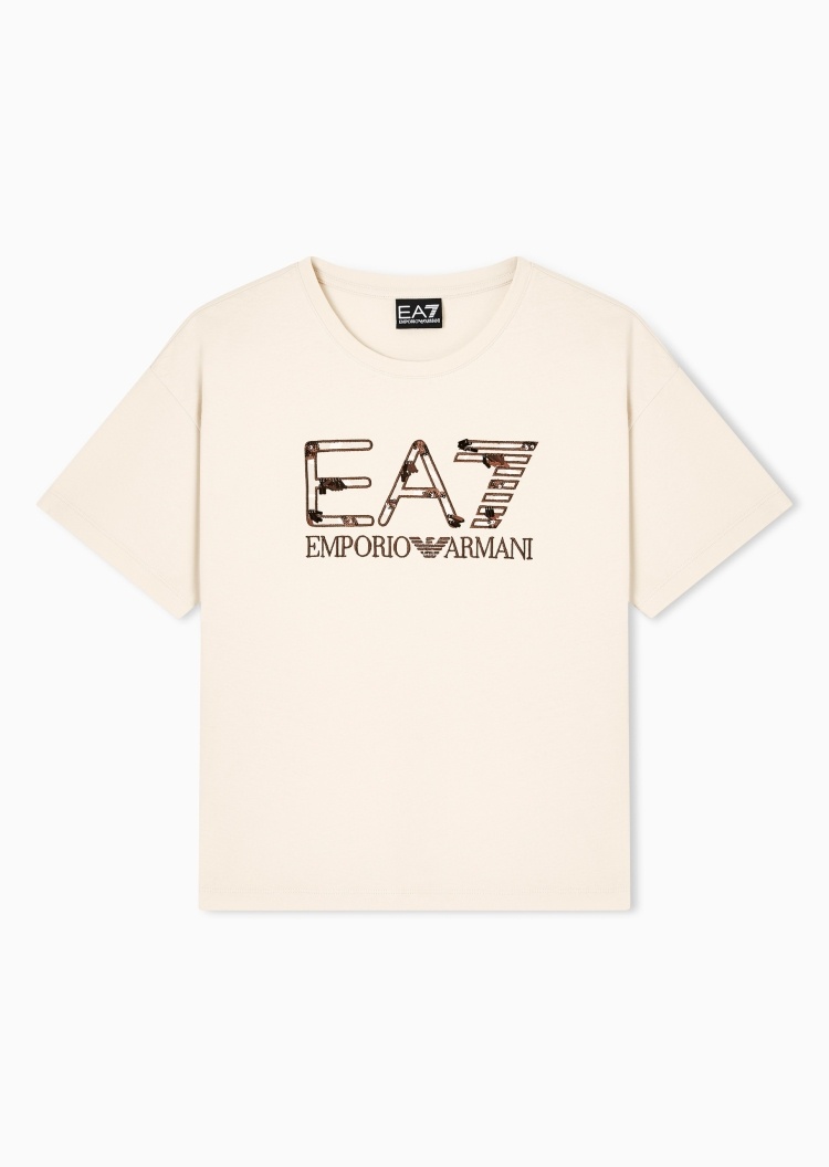 EA7 女士纯棉宽松短袖圆领字母标识运动重磅T恤