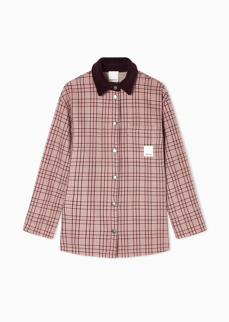 Emporio Armani 女士纯棉翻领工装复古格纹双面穿衬衫式夹克