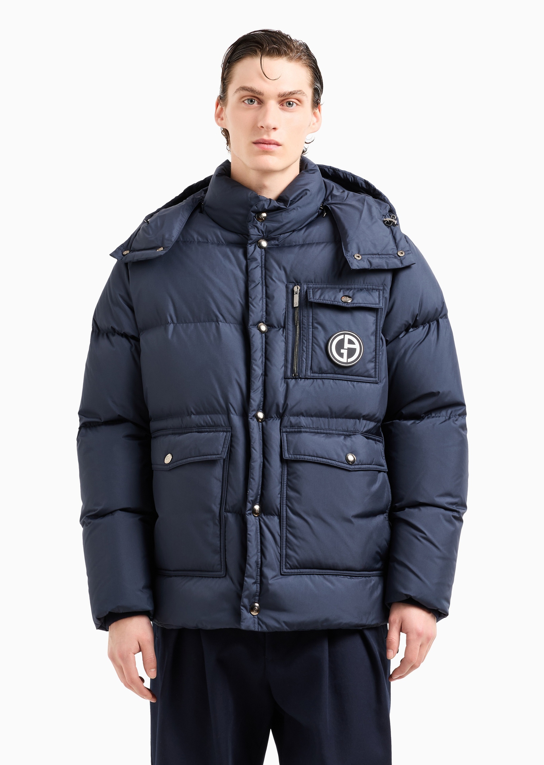 男士工装翻盖贴袋宽松可拆卸连帽羽绒服| 羽绒服-男士| Giorgio
