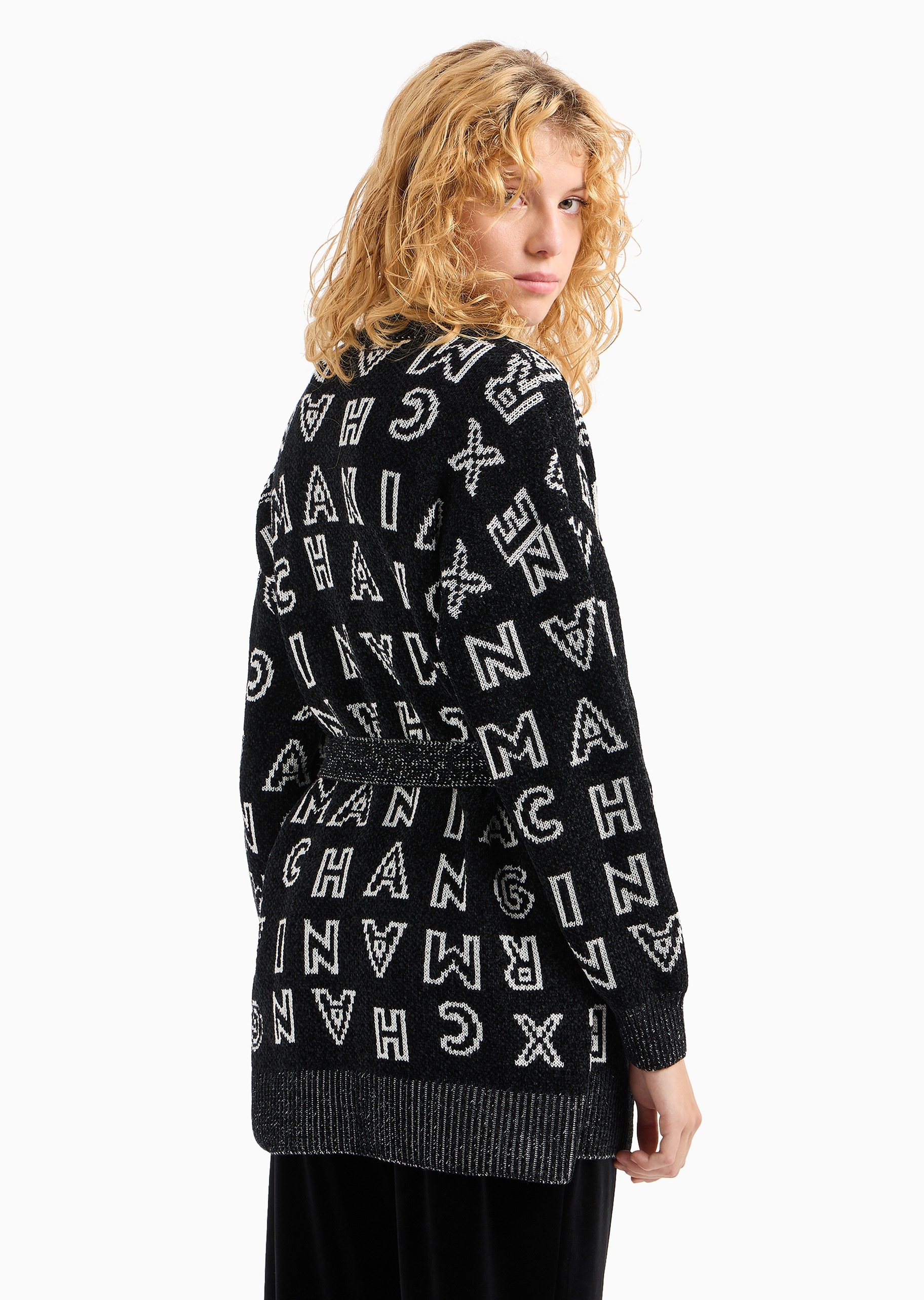 女士宽松长袖V领通体提花廓形针织开衫| 针织开衫-女士| ARMANI EXCHANGE®中国官网