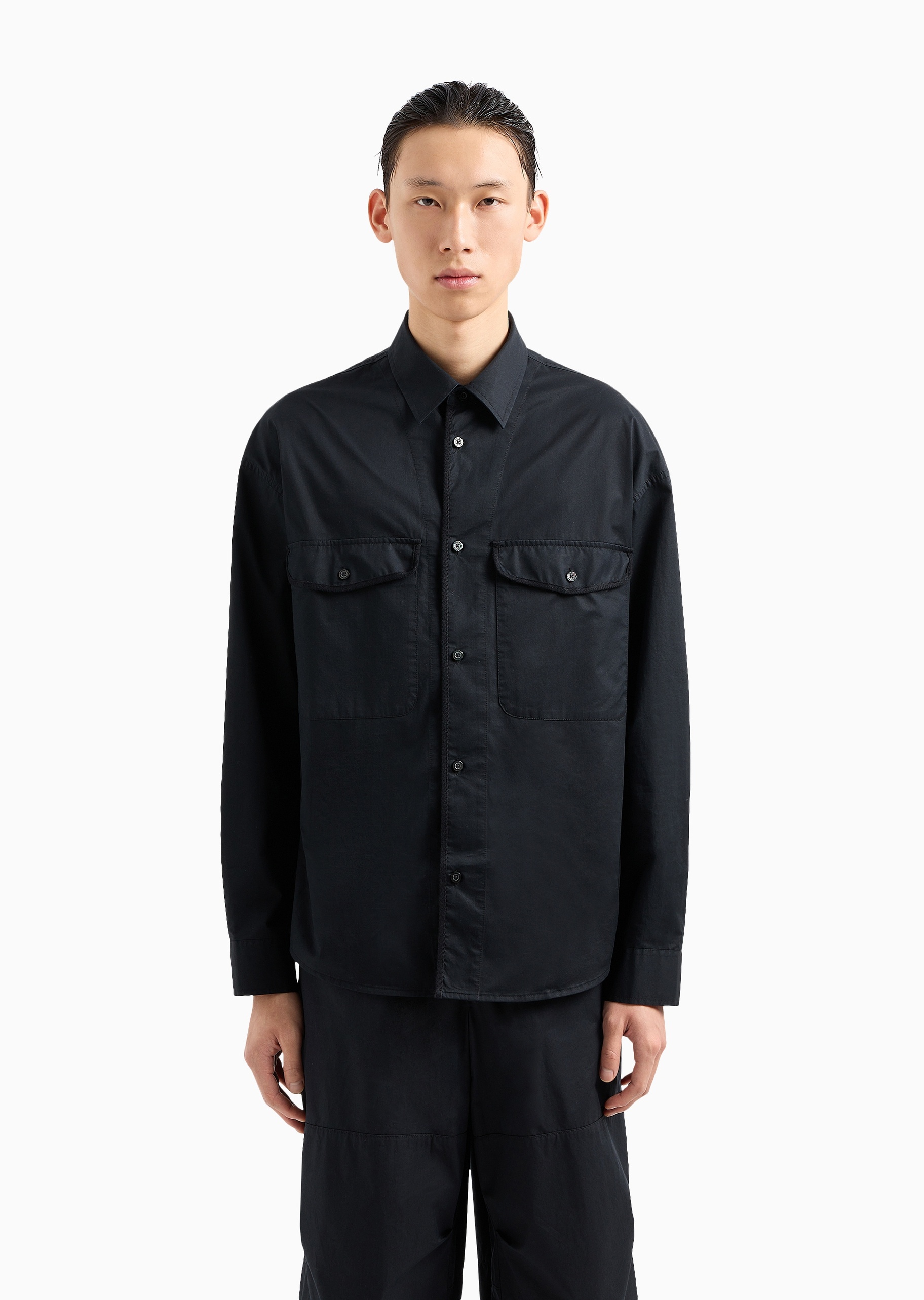男士全棉宽松长袖翻领落肩廓形纯色衬衫| 衬衫-男士| ARMANI EXCHANGE®中国官网