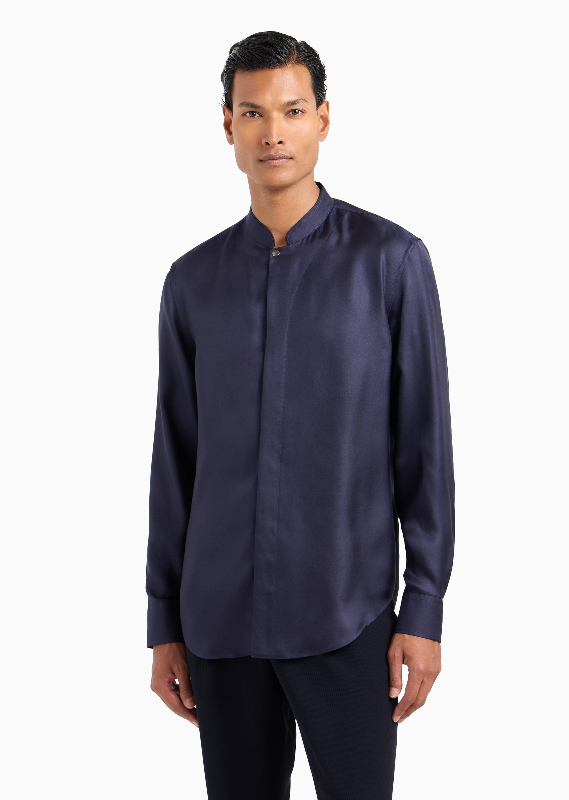 男士桑蚕丝合身长袖Guru领暗门襟衬衫| 衬衫-男士| Giorgio Armani®中国官网