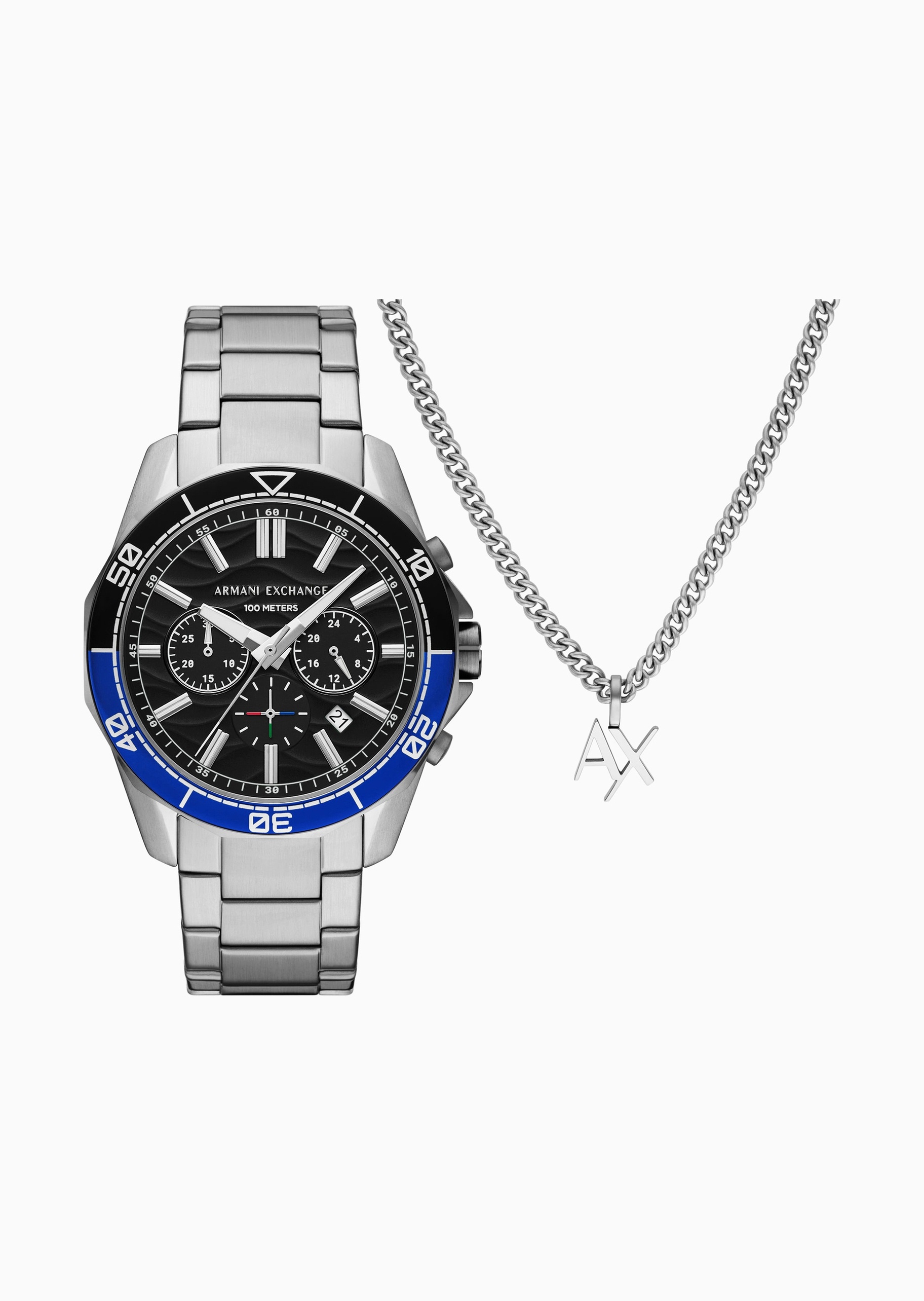 男士大表盘拼色钢带手表腕表项链礼盒套装