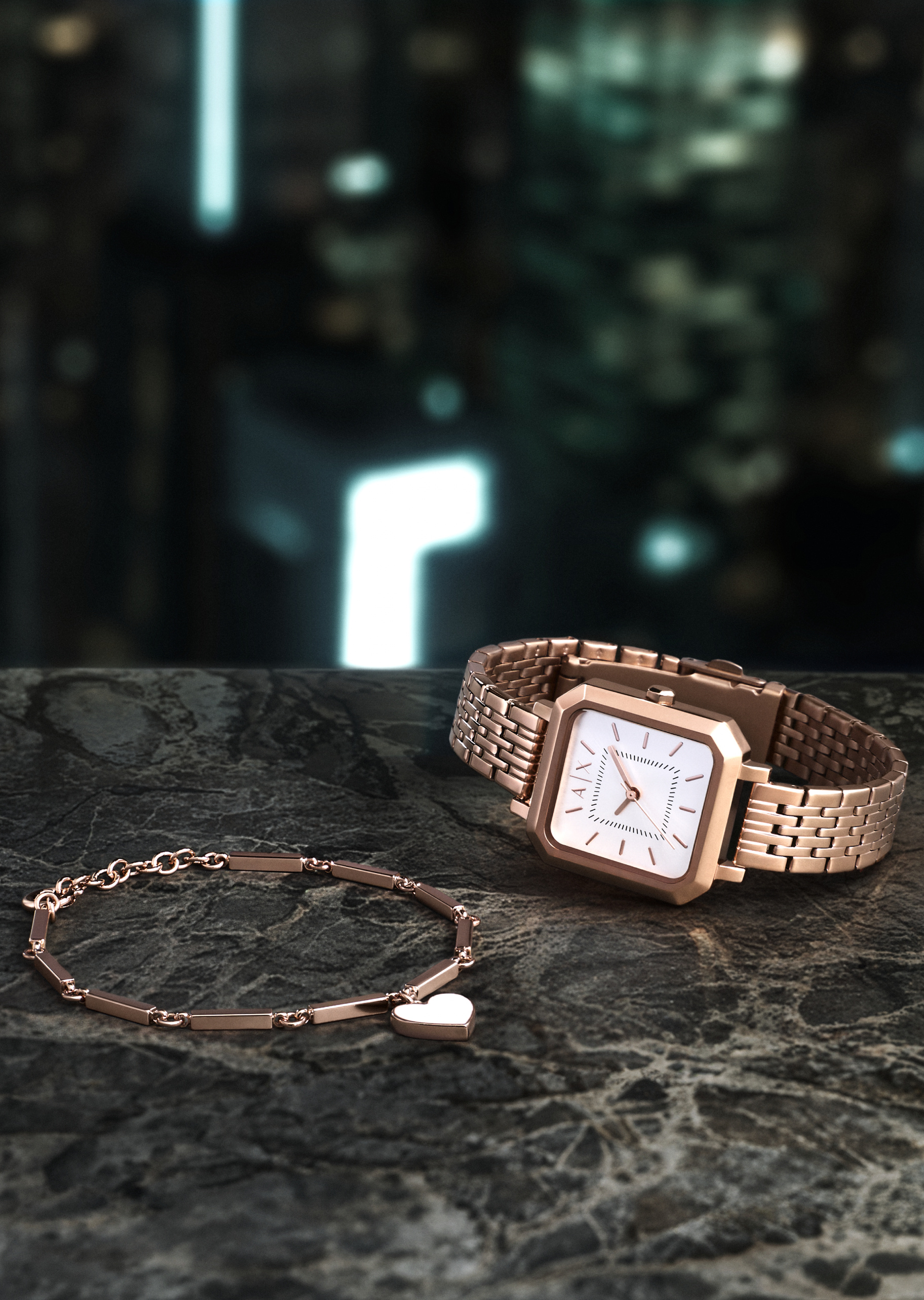 ARMANI EXCHANGE 女士玫瑰金色优雅气质石英腕表手链礼盒套装