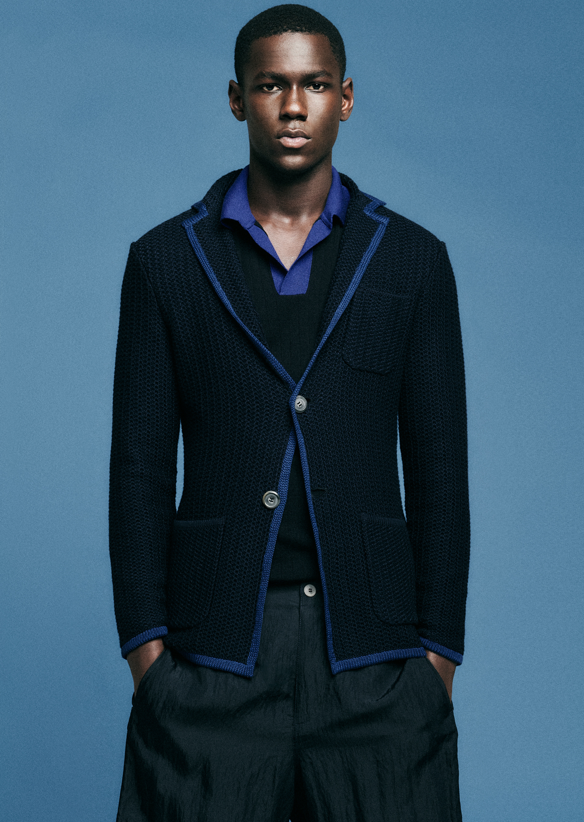 Giorgio Armani 男士休闲撞色饰边棉质蜂窝纹针织西装外套