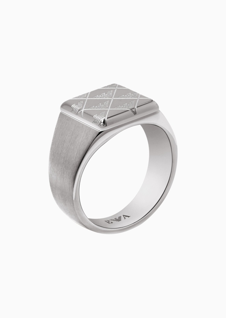 Emporio Armani 男士素色钢质经典鹰标镌刻宽版戒指