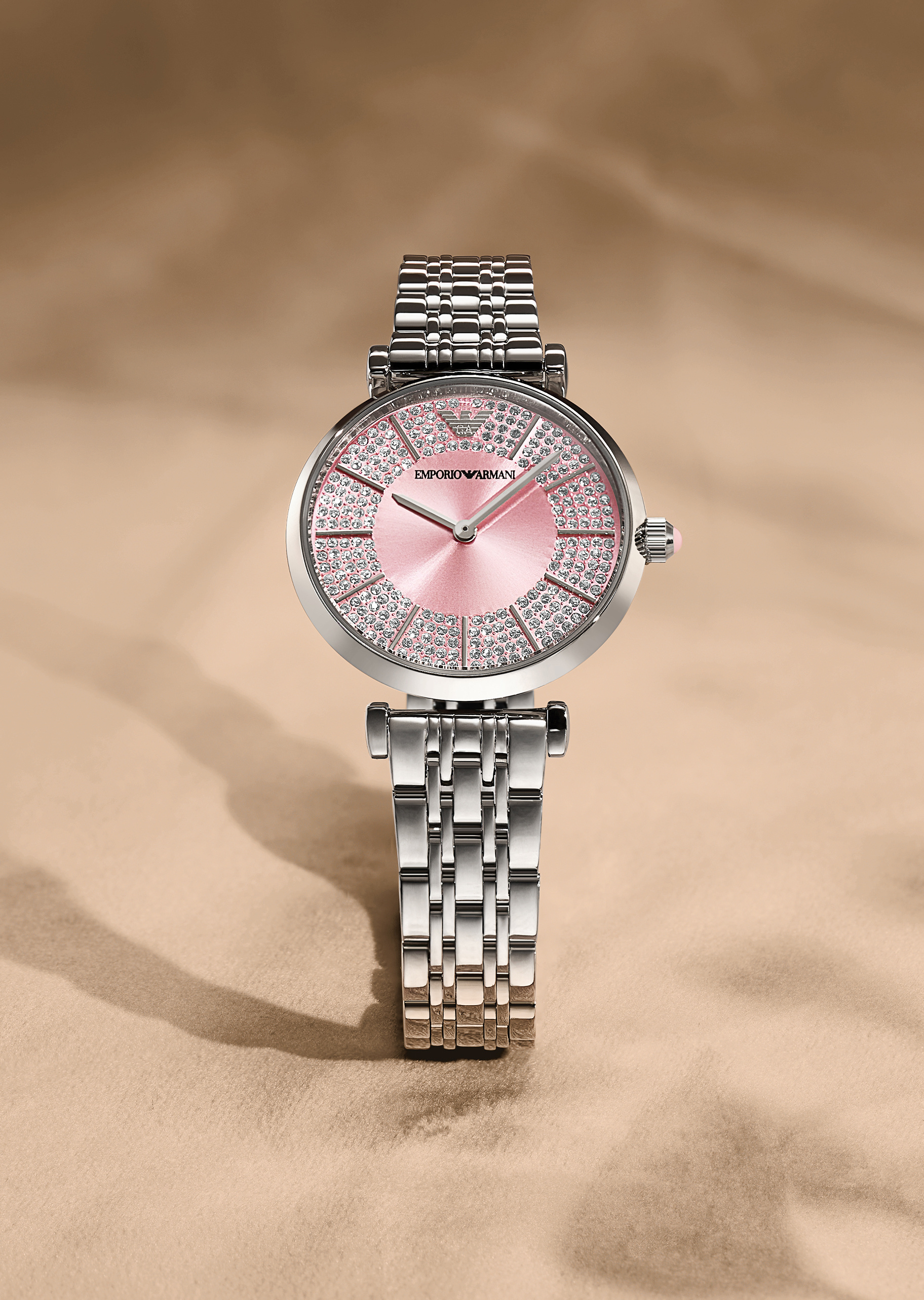 Emporio Armani 女士樱花粉满天星素色钢带石英腕表