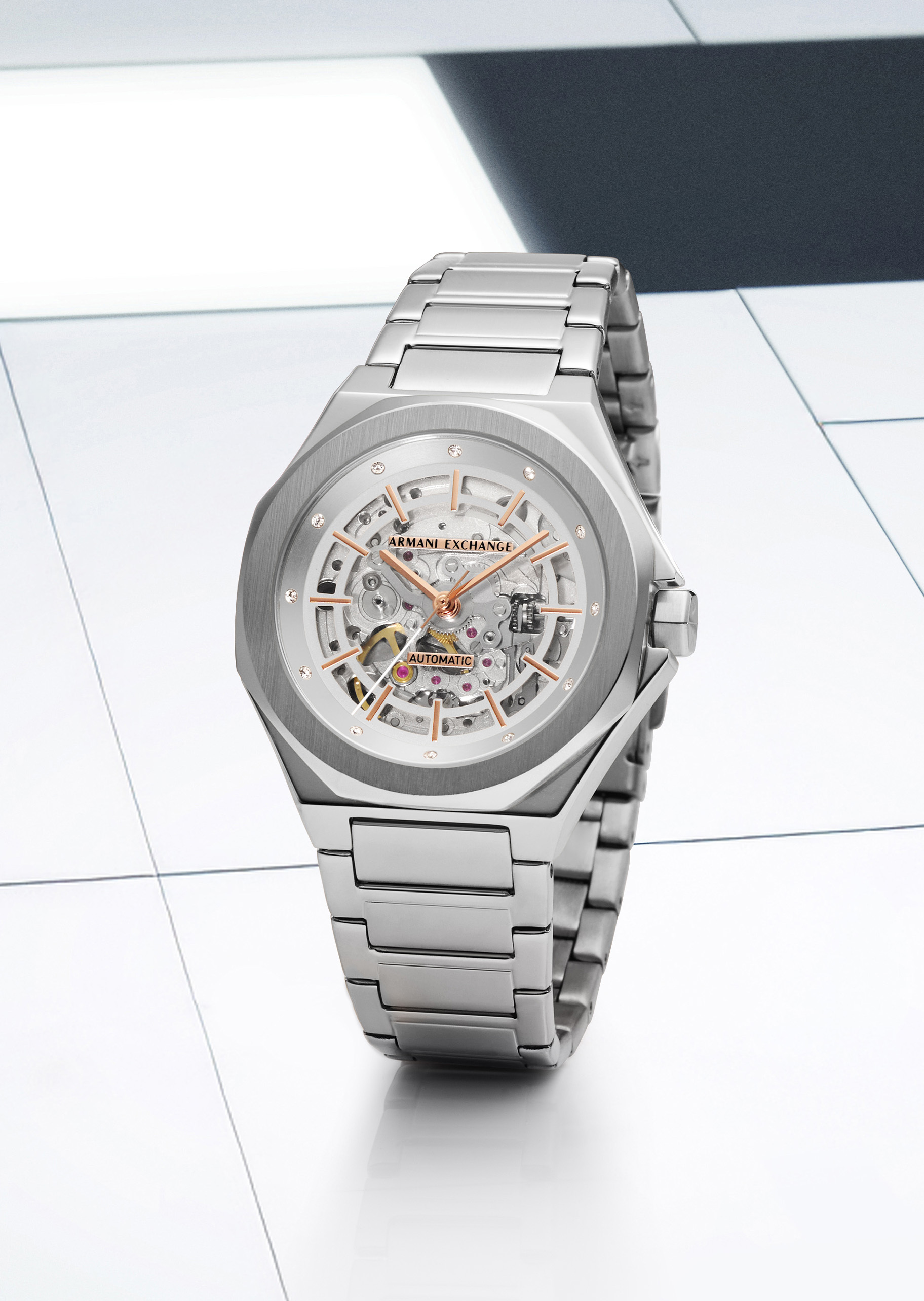 ARMANI EXCHANGE 女士八角形表壳素色钢带机械腕表