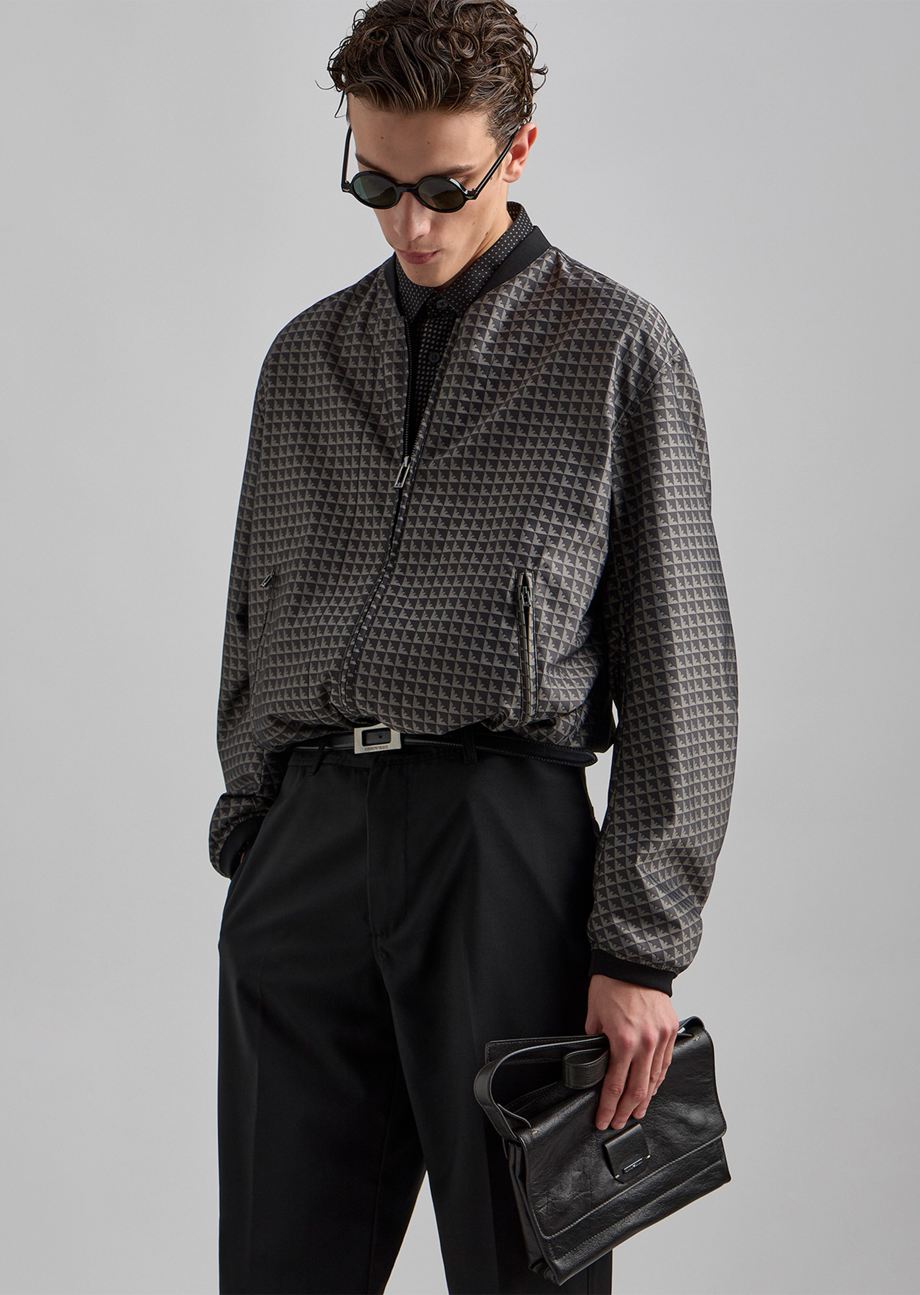 Emporio Armani 男士长袖棒球领全拉链满印飞行员夹克