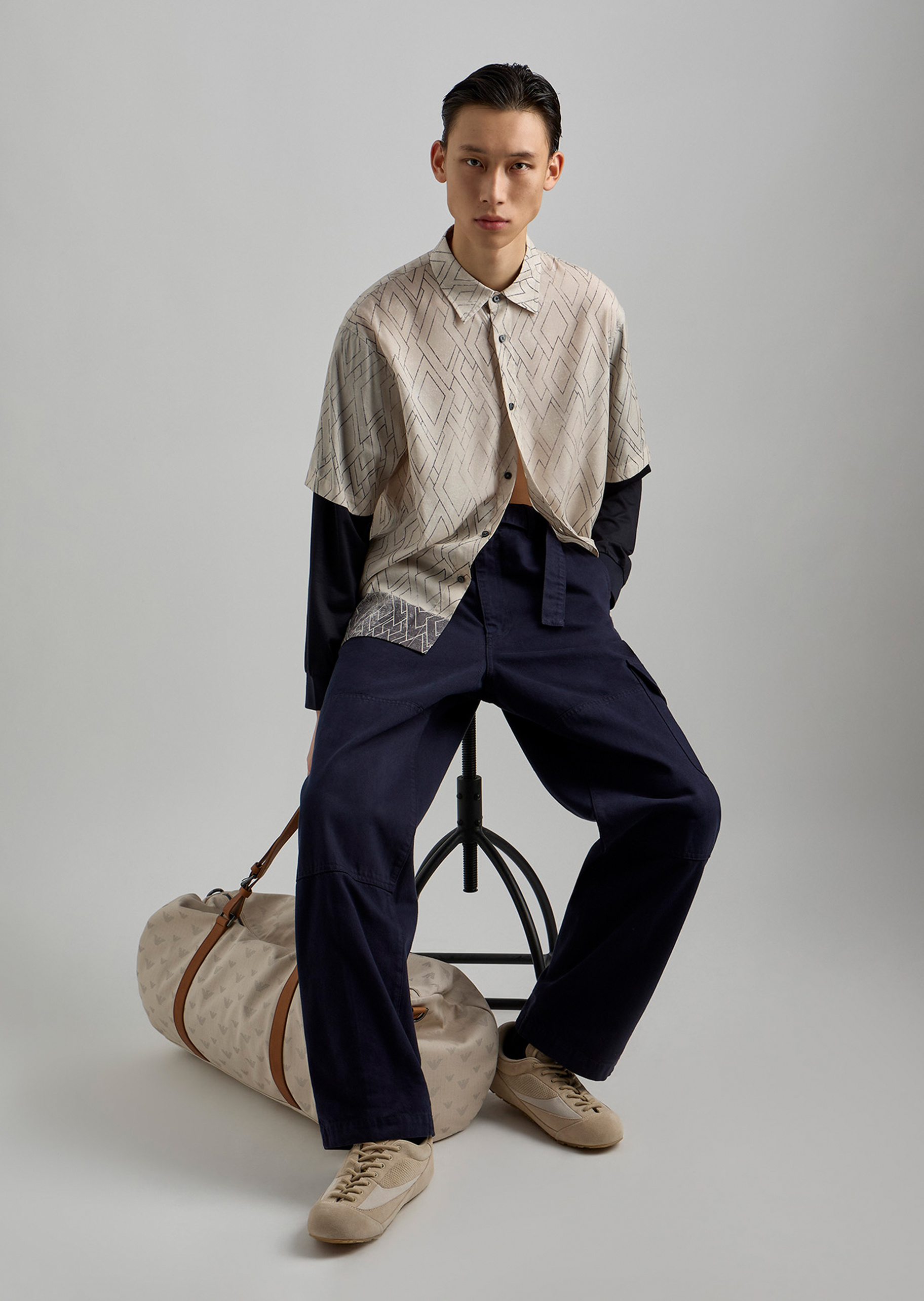 Emporio Armani 男士长袖翻领假两件满印休闲衬衫