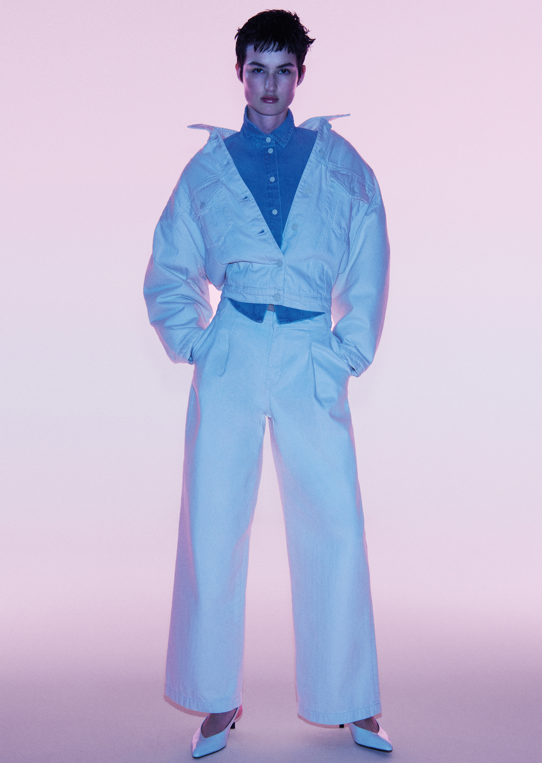 ARMANI EXCHANGE 女士全棉宽松长袖翻领落肩牛仔衬衫