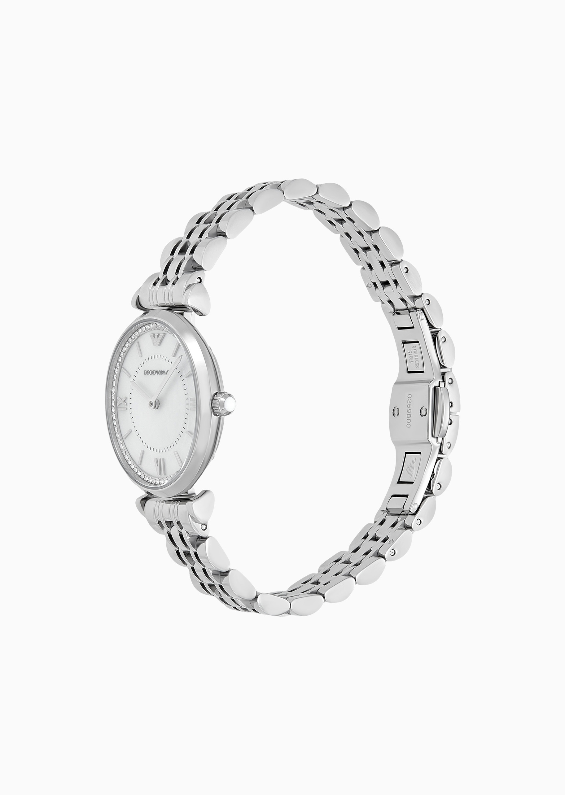 Emporio Armani 女士珍珠贝母镶嵌水晶钢带石英腕表