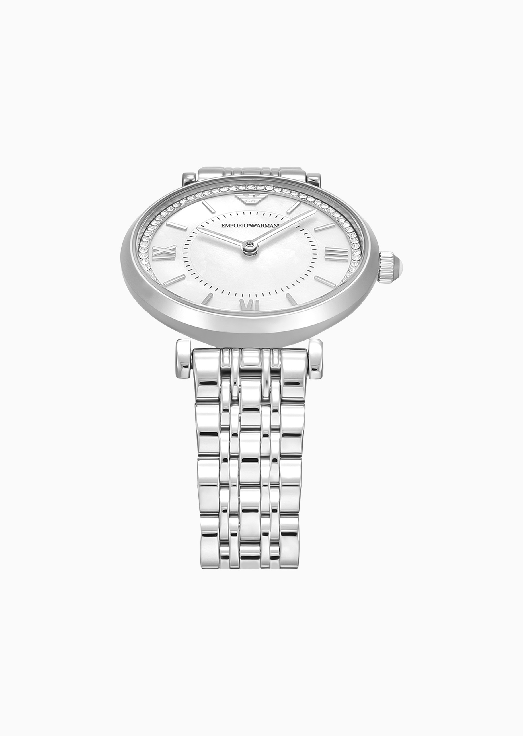 Emporio Armani 女士珍珠贝母镶嵌水晶钢带石英腕表
