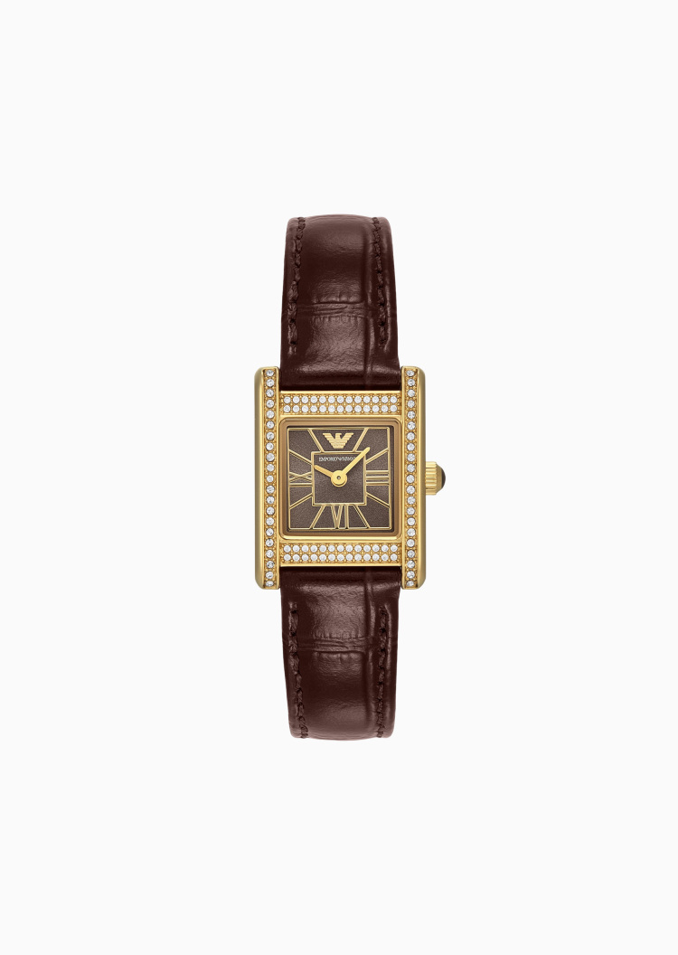 Emporio Armani 白鹿同款女士方形镶嵌水晶皮革腕带石英腕表