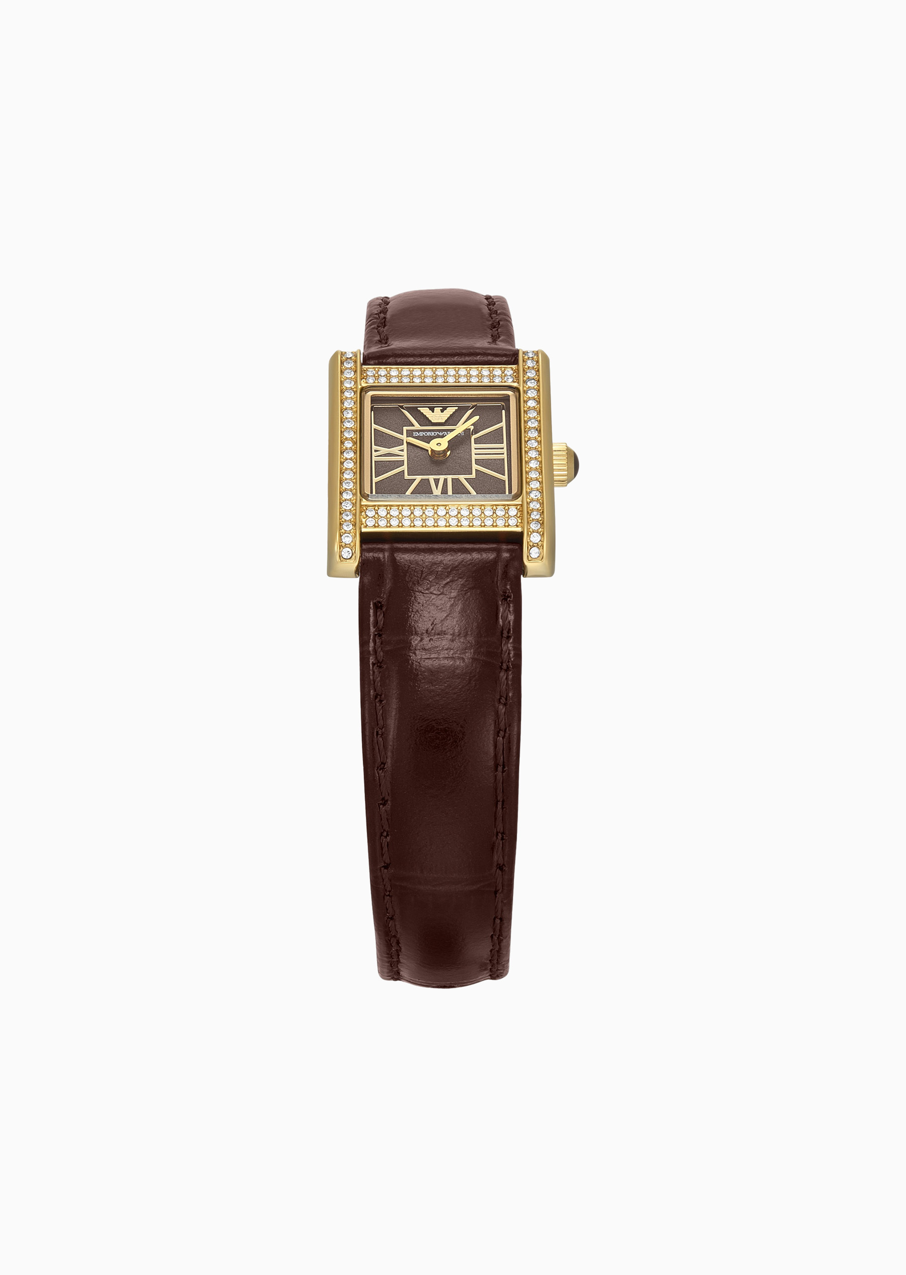 Emporio Armani 白鹿同款女士方形镶嵌水晶皮革腕带石英腕表