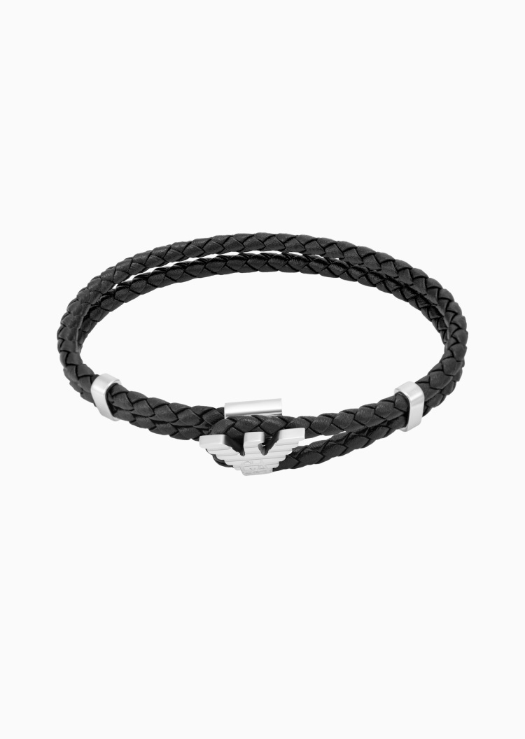 Emporio Armani 男士钢质波状鹰标锁扣编织皮革手链