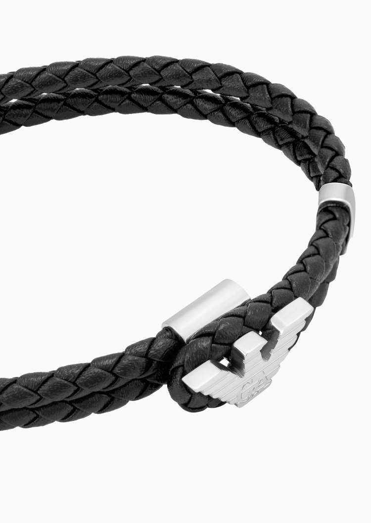 Emporio Armani 男士钢质波状鹰标锁扣编织皮革手链