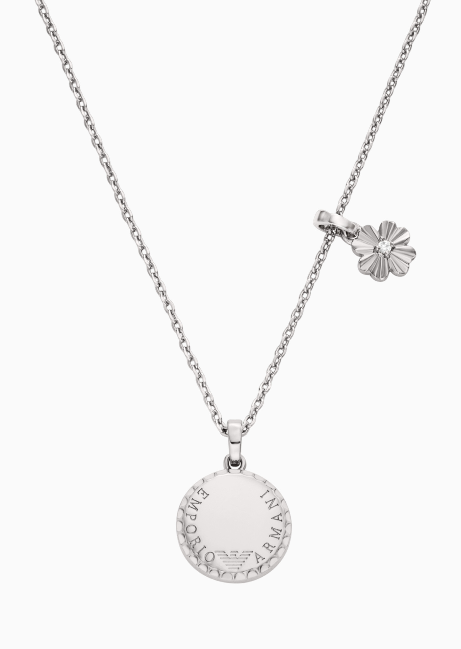 Emporio Armani 女士银色四叶草圆形吊牌龙虾扣项链