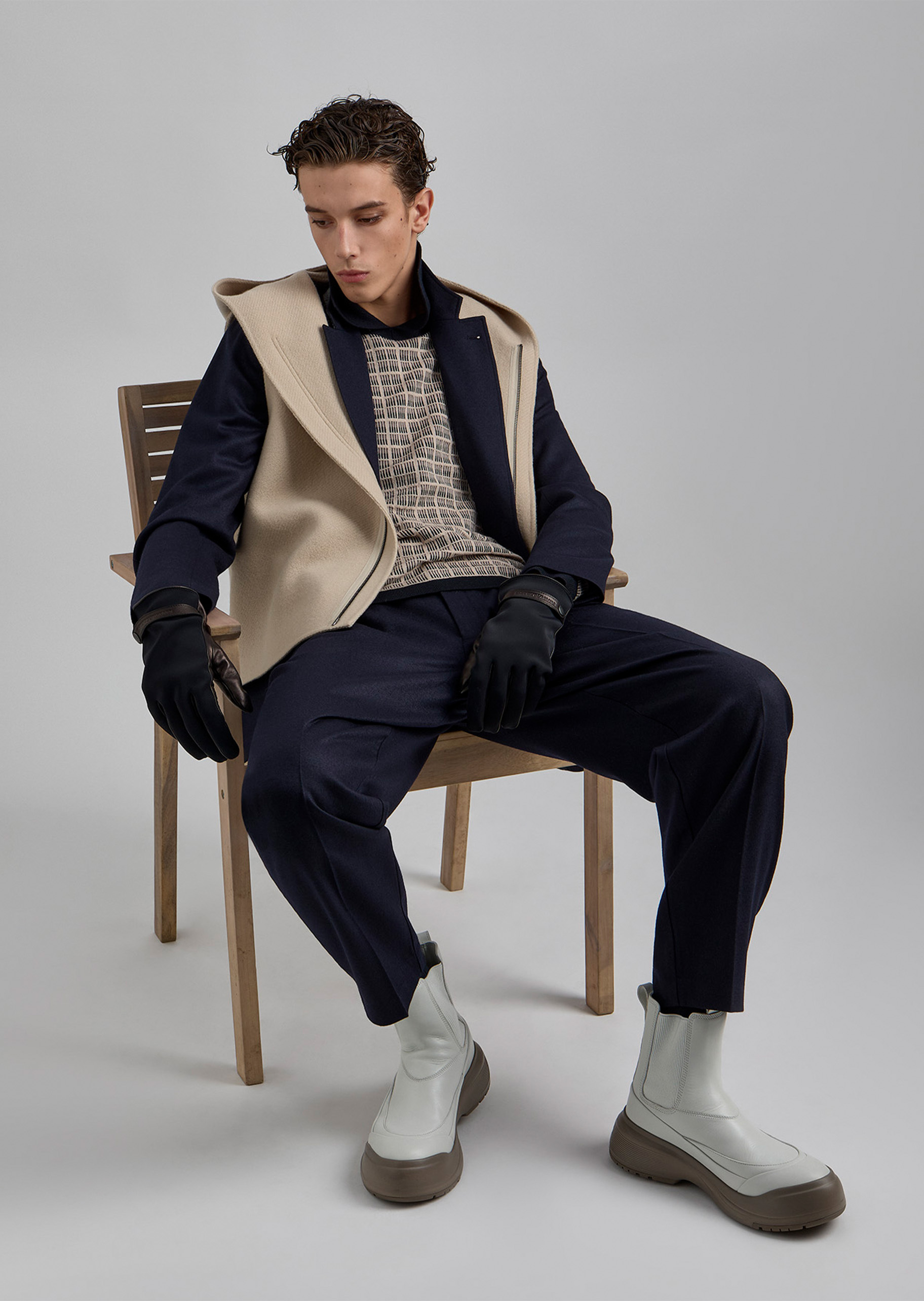 Emporio Armani 男士绵羊毛Polo领格纹套头针织毛衣
