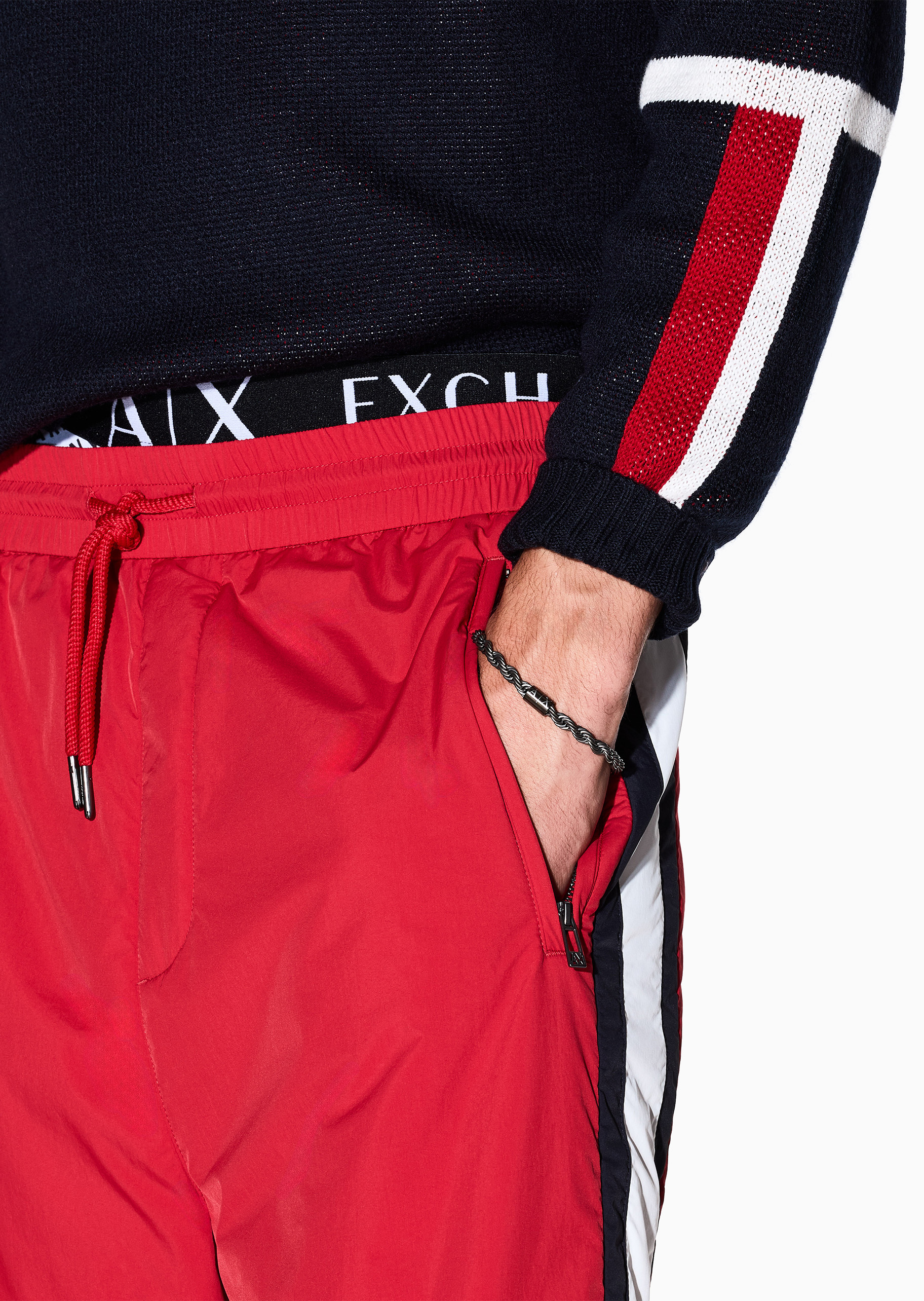 ARMANI EXCHANGE 男士钢质麻花链圆柱徽标嵌饰龙虾扣手链