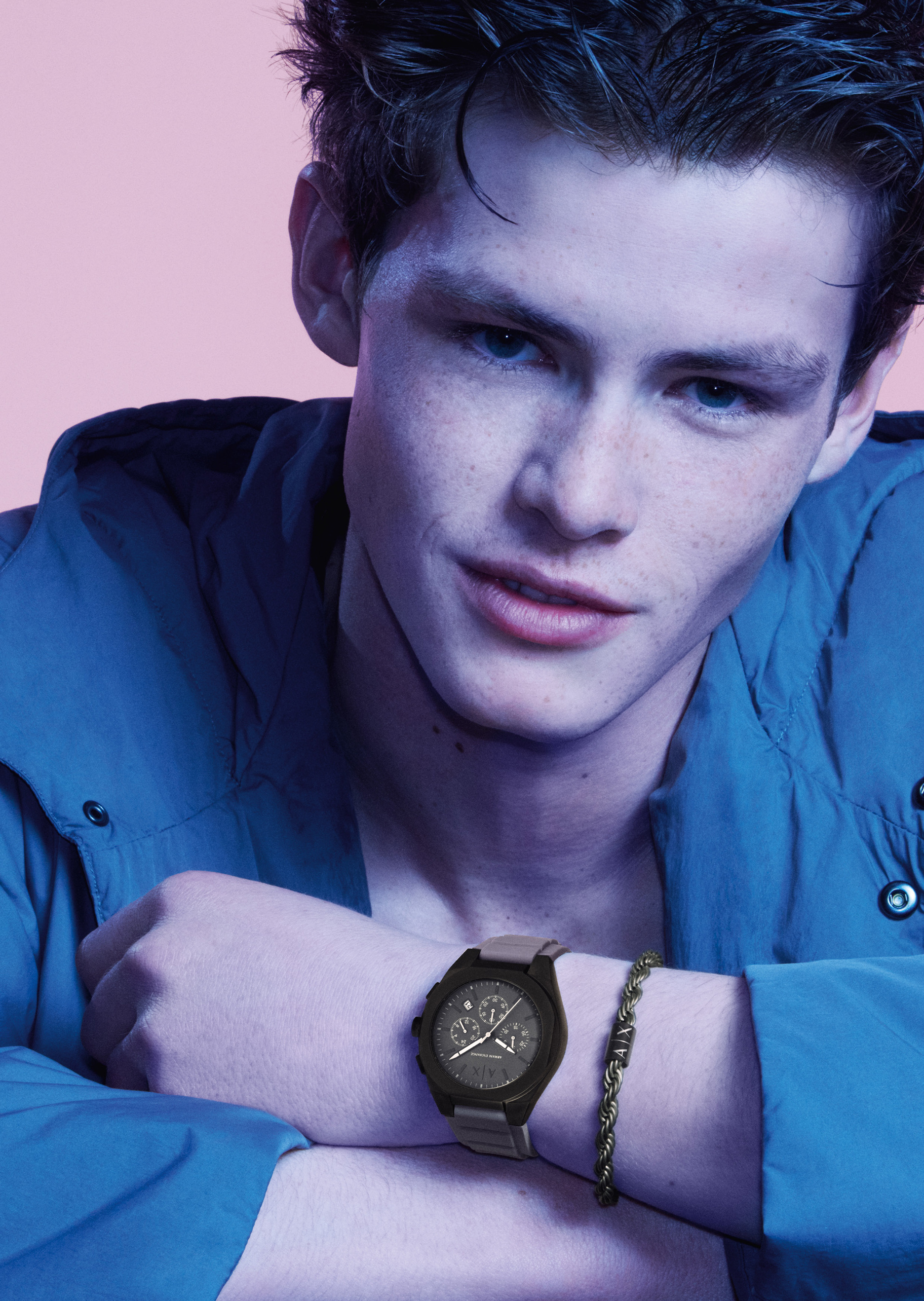 ARMANI EXCHANGE 男士钢质麻花链圆柱徽标嵌饰龙虾扣手链