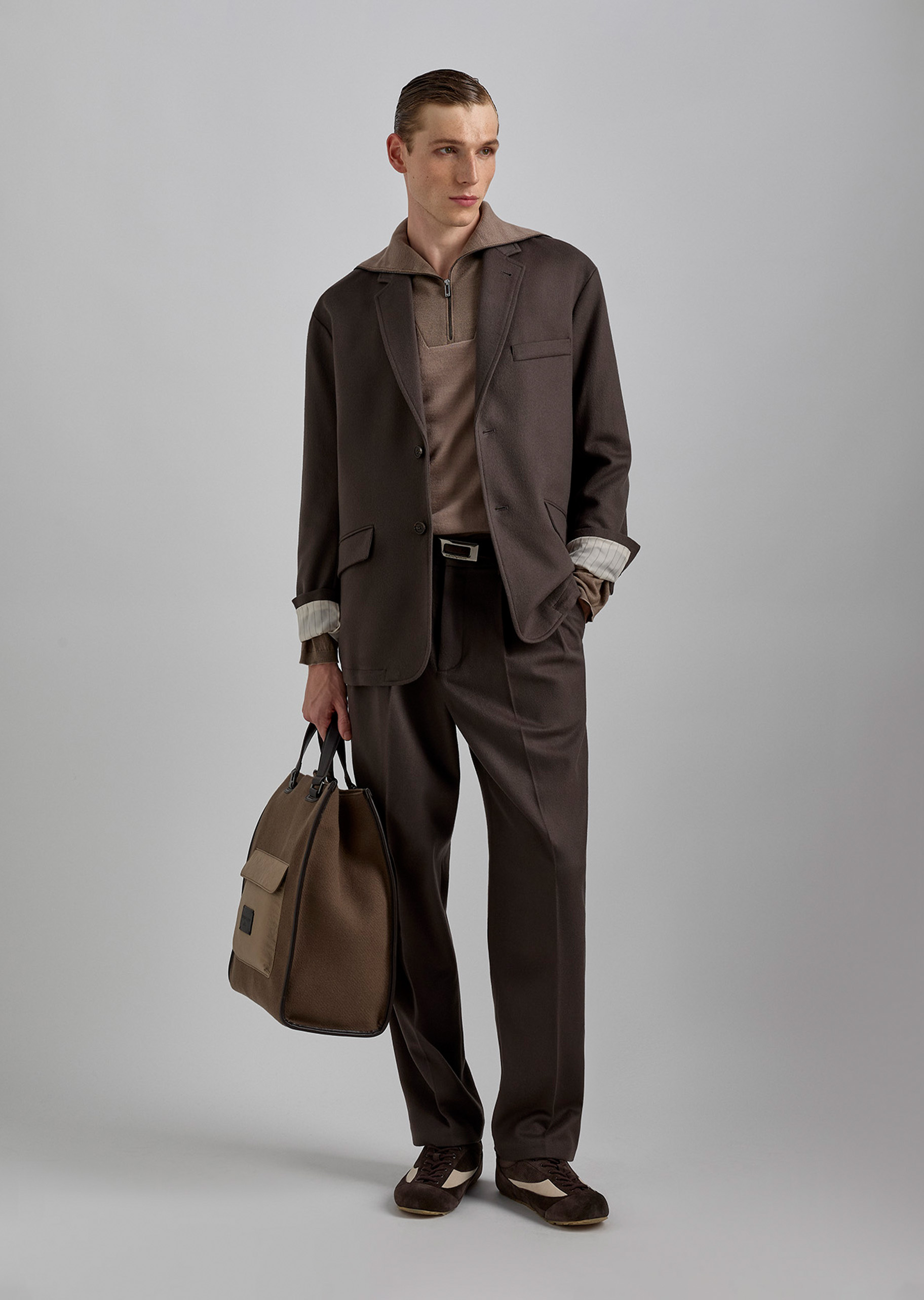 Emporio Armani 男士绵羊毛Polo领翻领半拉链针织毛衣