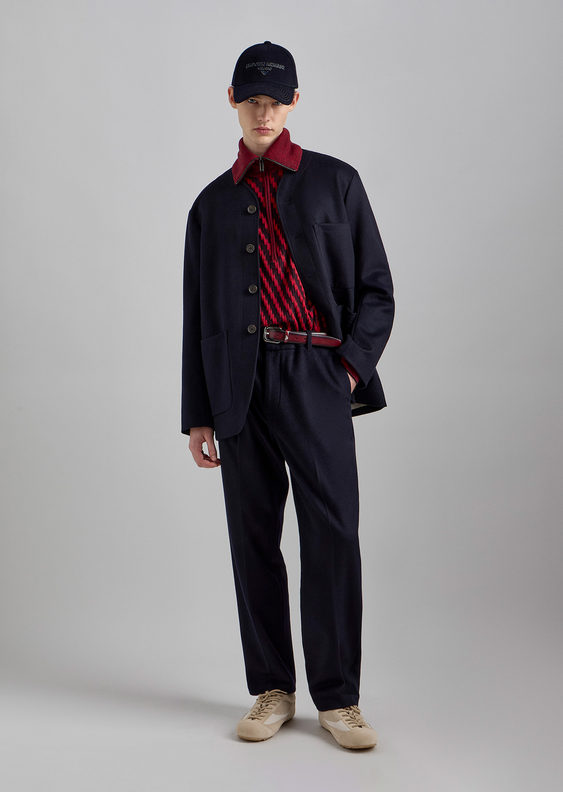 Emporio Armani 男士半高领绵羊毛半拉链套头针织毛衣