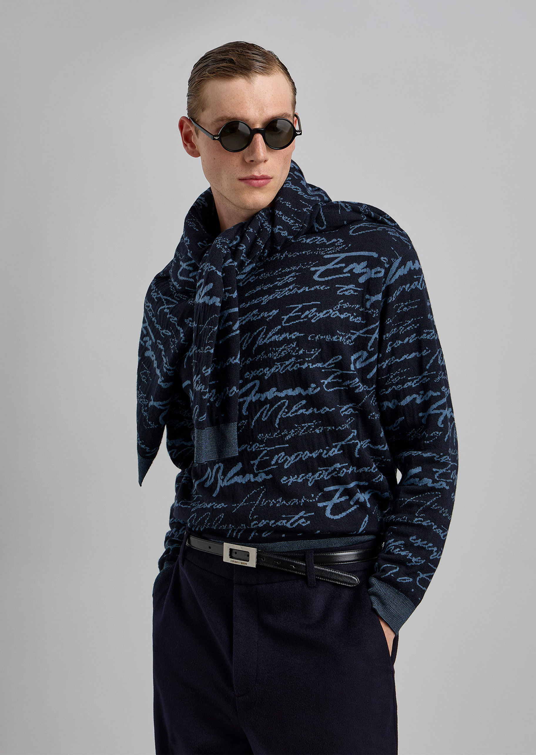 Emporio Armani 男士圆领绵羊毛提花商务套头针织毛衣