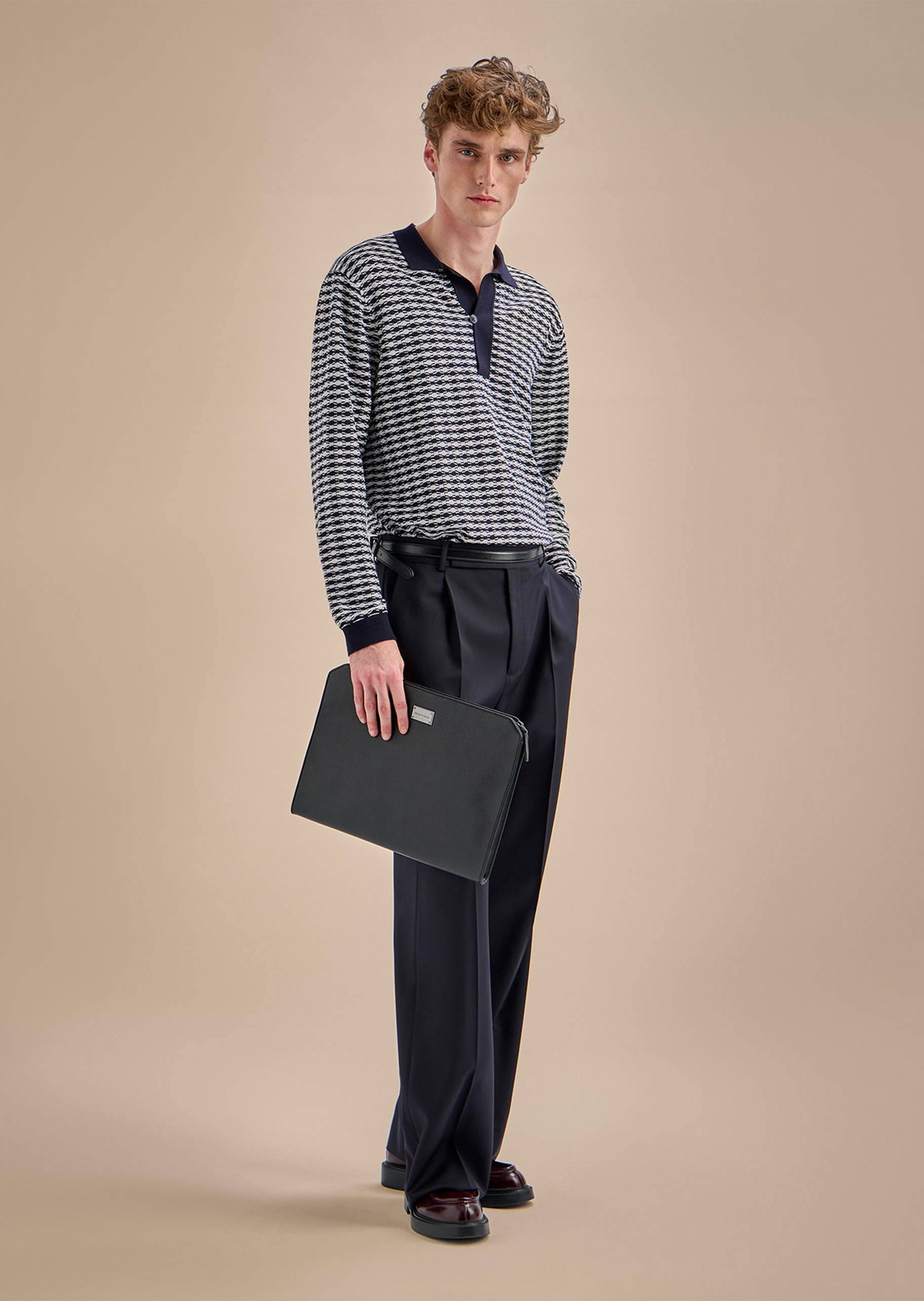 Emporio Armani 男士套头Polo翻领压花纹理针织绵羊毛衣