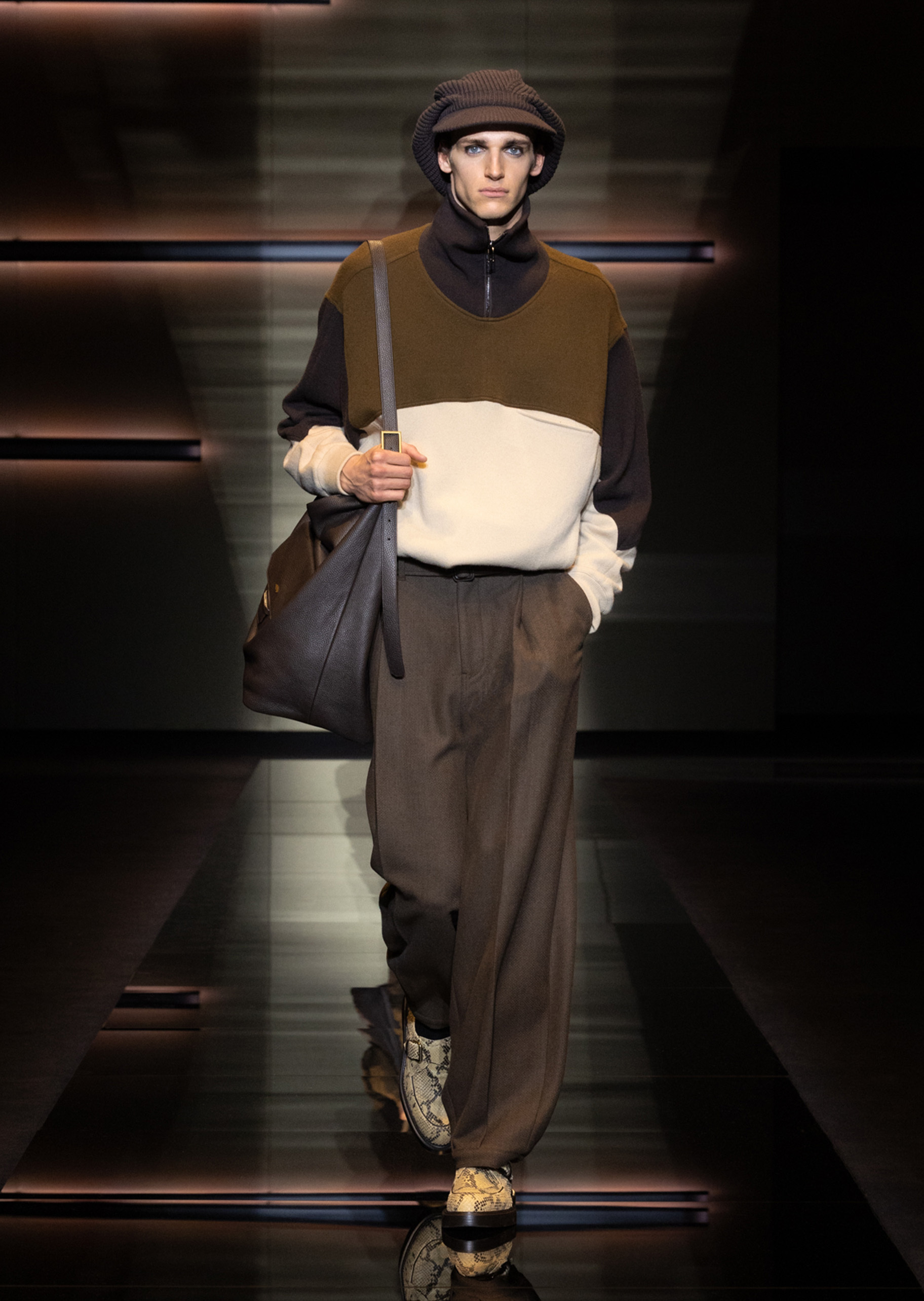 Emporio Armani 男士绵羊毛衬衫领翻领半拉链针织毛衣