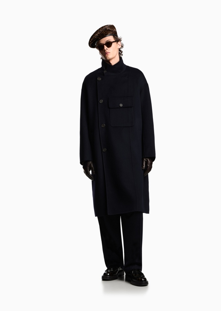 Emporio Armani 男士绵羊毛中长款立领单排扣大衣
