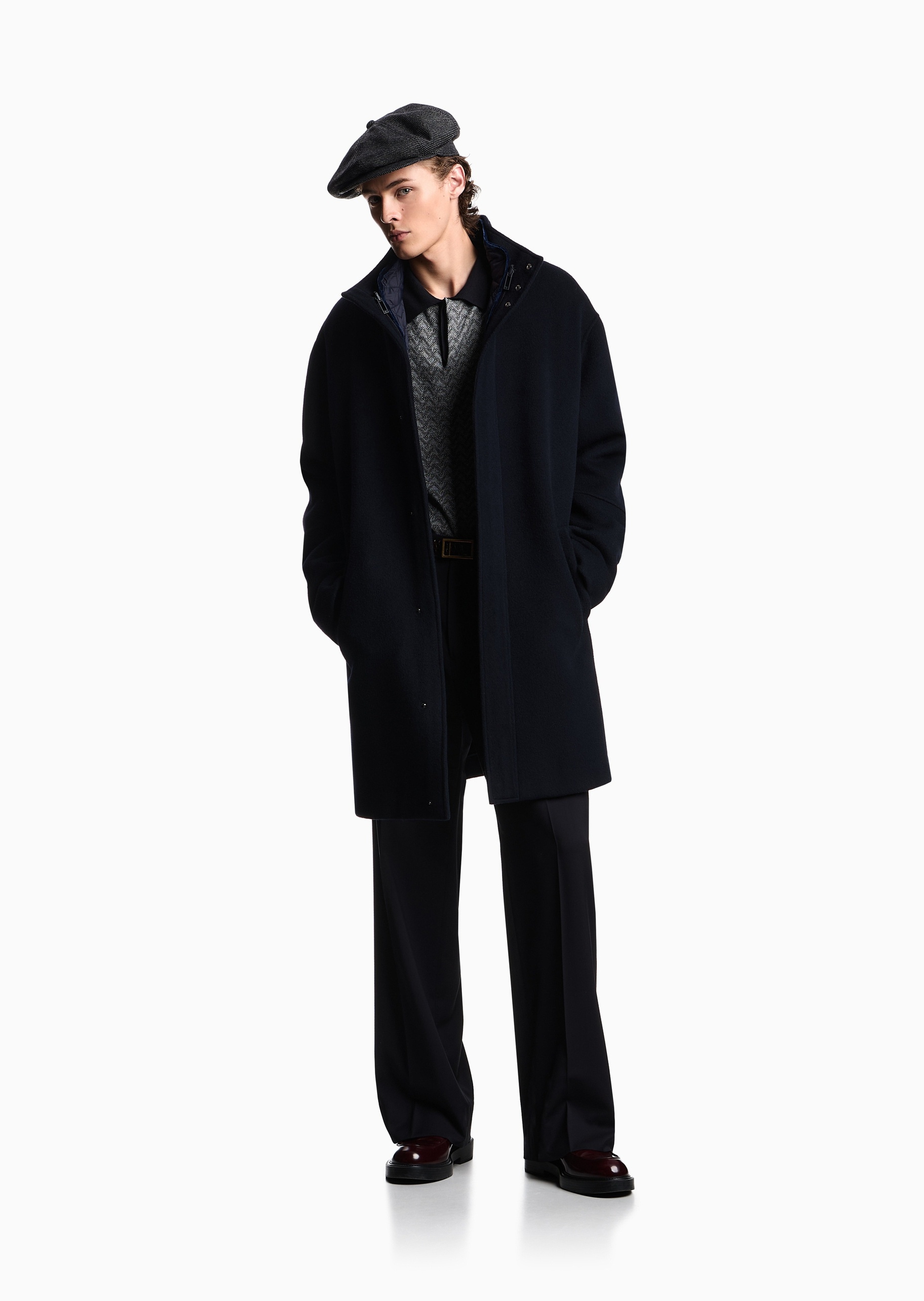 Emporio Armani 男士全绵羊毛长款长袖立领商务通勤棉服