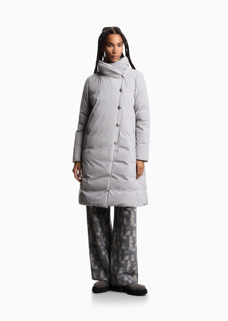 Emporio Armani 女士长袖中长款可收纳连帽纽扣门襟羽绒服