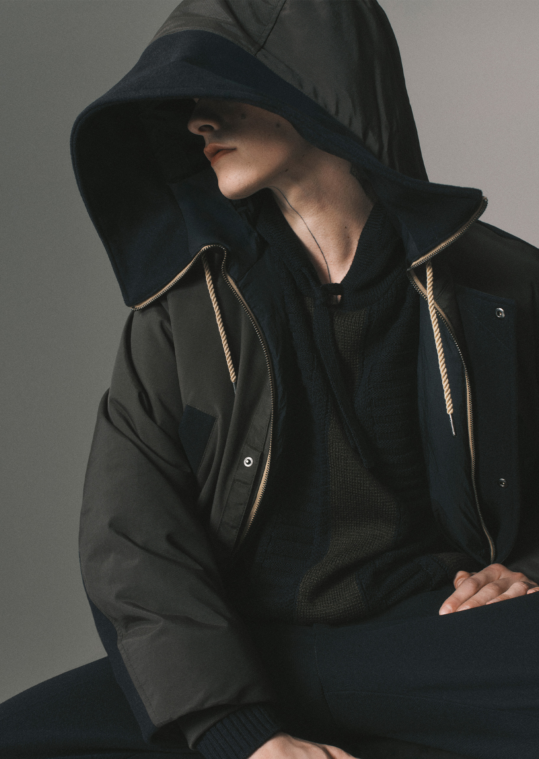 ARMANI EXCHANGE 男士连帽拼接长款撞色夹克棉服外套