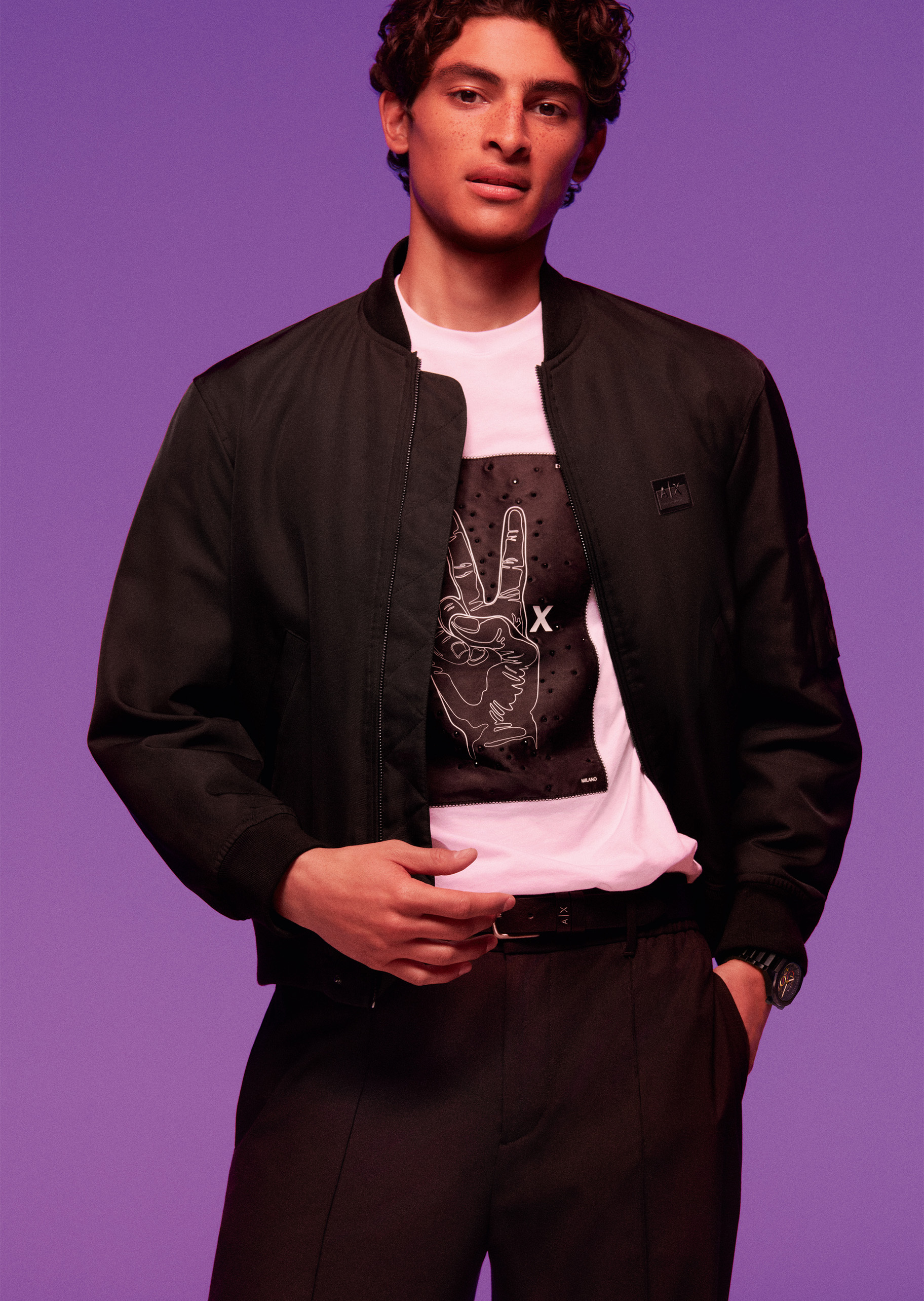 ARMANI EXCHANGE 男士长袖棒球领徽标贴片拉链门襟棉服