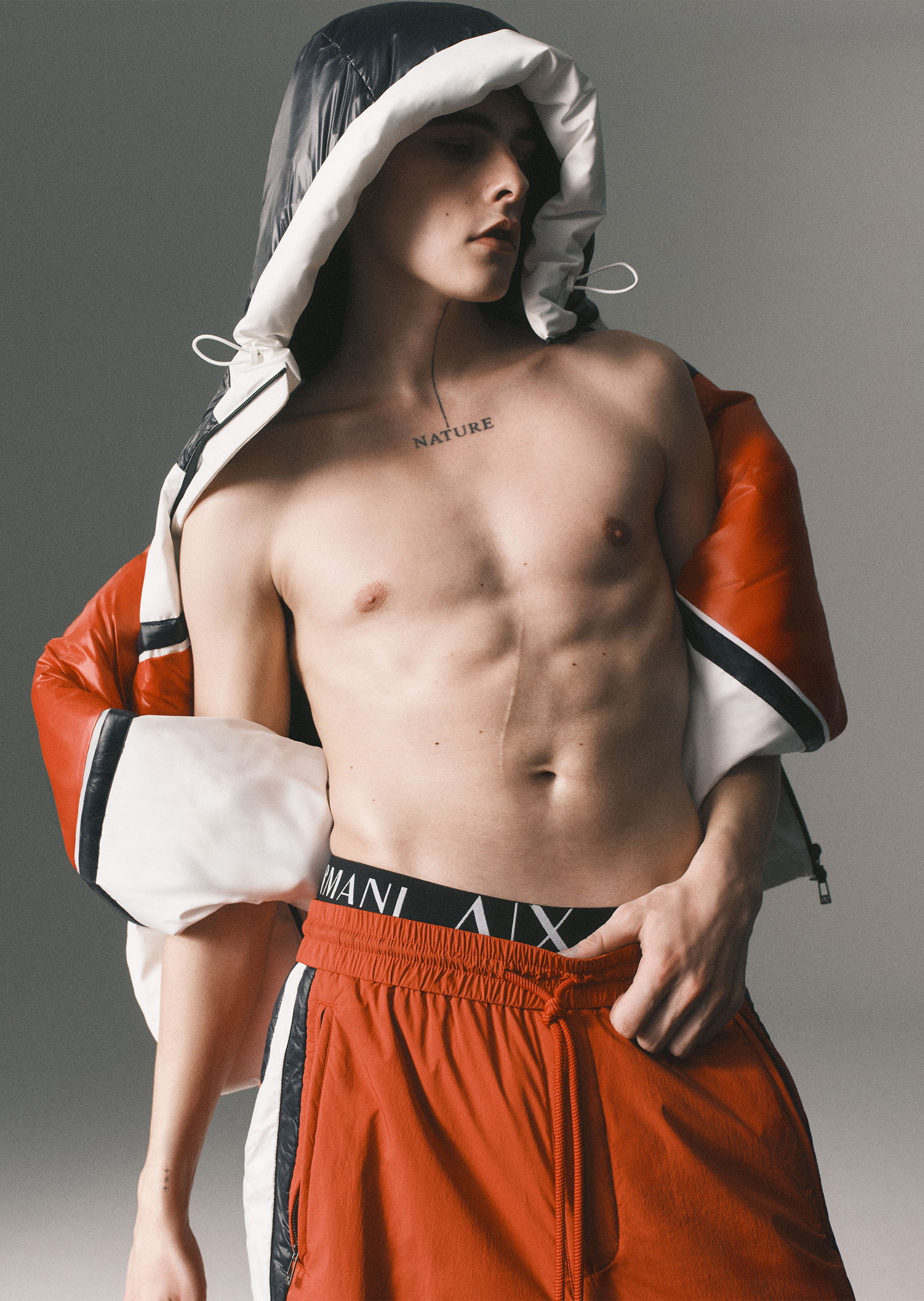 ARMANI EXCHANGE 男士长袖连帽撞色拉链门襟贴片棉服