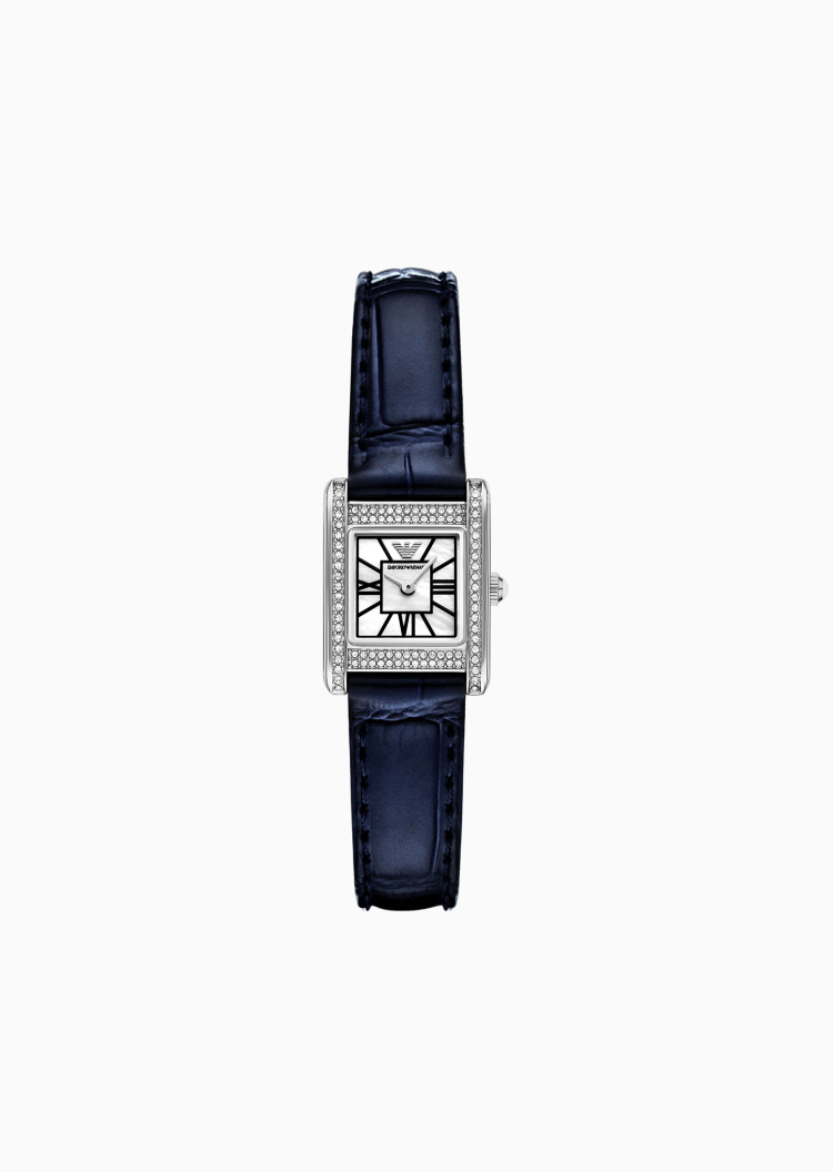 Emporio Armani 女士皮革腕带水晶小方表石英腕表