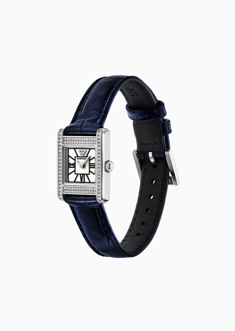 Emporio Armani 女士皮革腕带水晶小方表石英腕表