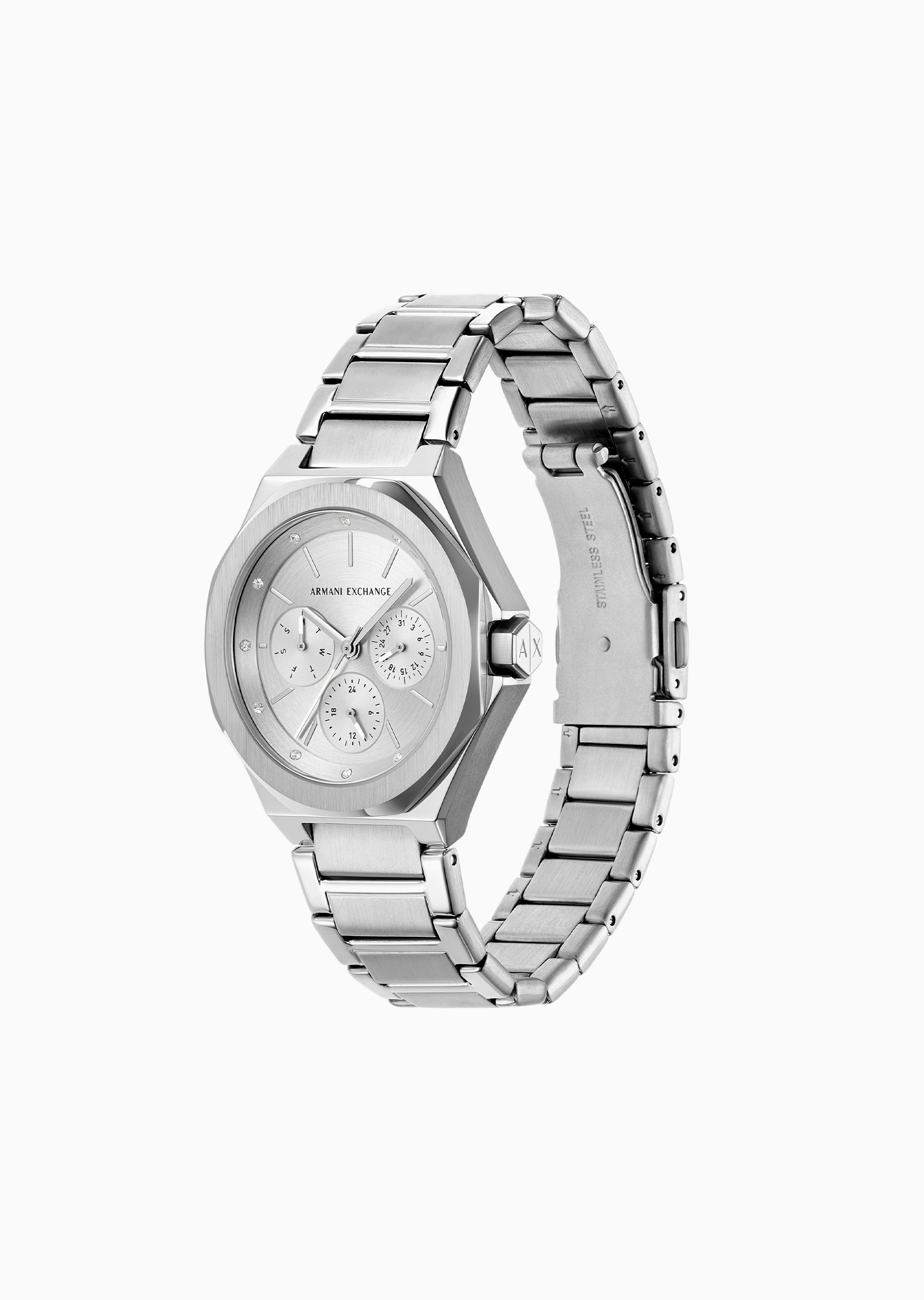 ARMANI EXCHANGE 女士八角形素色钢带环绕镶嵌石英腕表