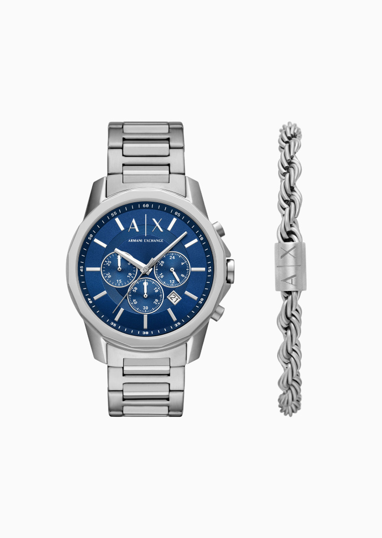 ARMANI EXCHANGE 男士大表盘钢质石英腕表手链套装