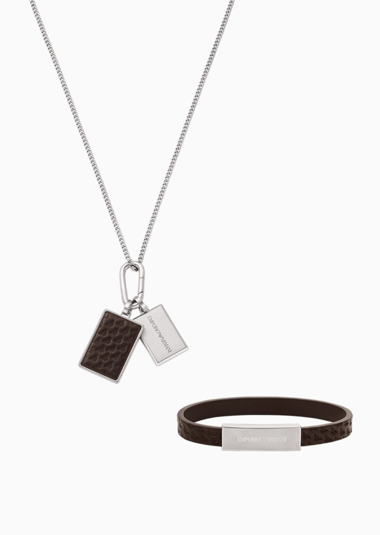 Emporio Armani 男士钢质鹰标压花项链手镯礼盒套装