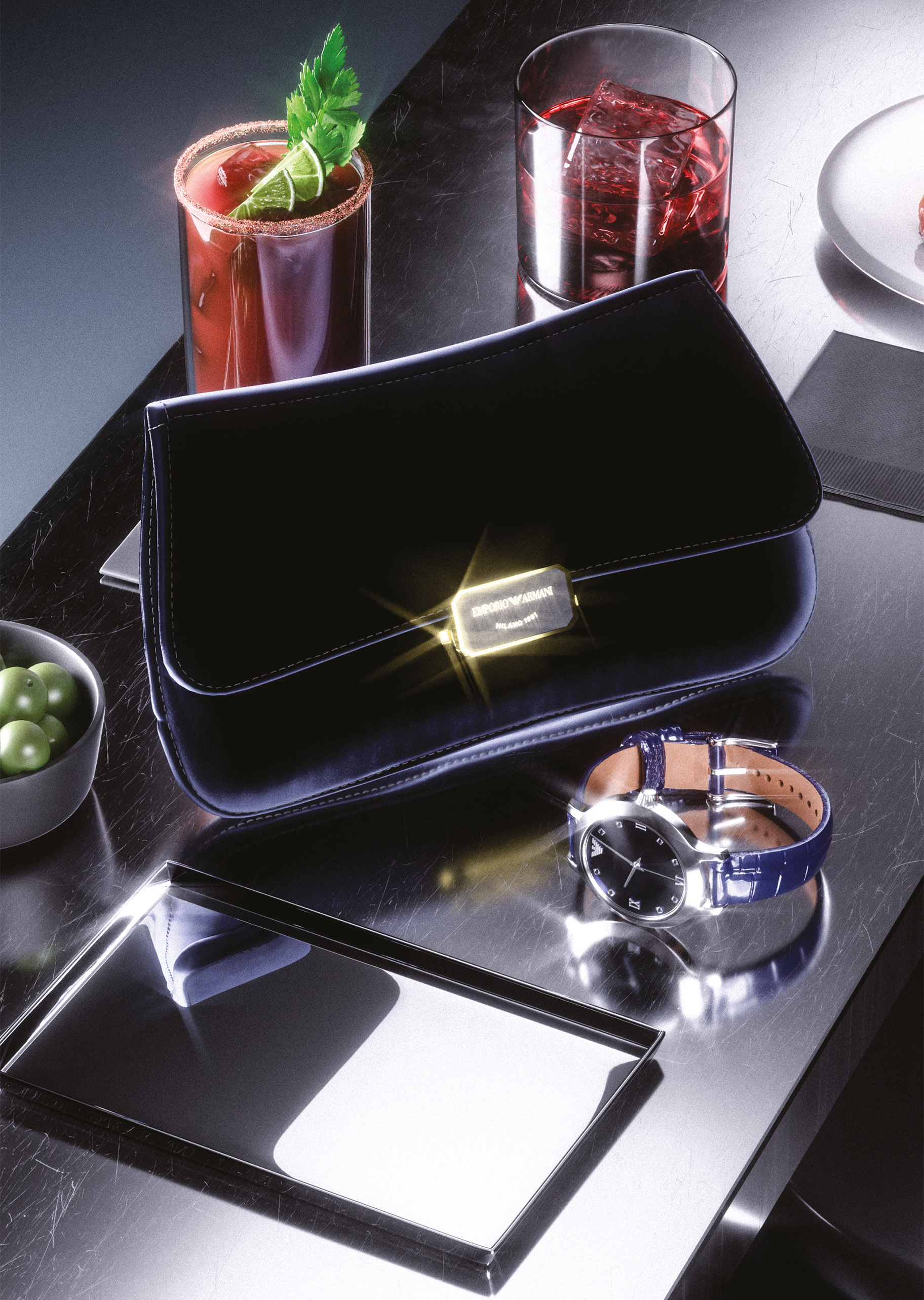 Emporio Armani 女士密镶皮革腕带石英腕表手链套装