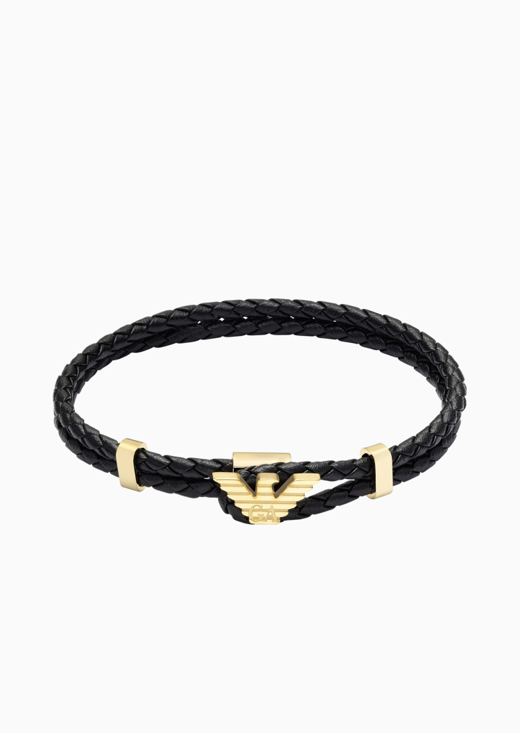 Emporio Armani 男士波状鹰标编织皮革潮流时尚手链