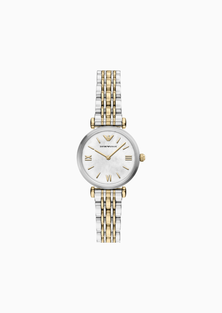 Emporio Armani 女士圆形钢质表带双针优雅石英腕表