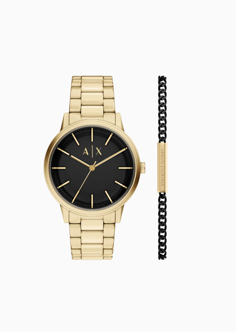 ARMANI EXCHANGE 男士大表盘钢带石英腕表手链套装