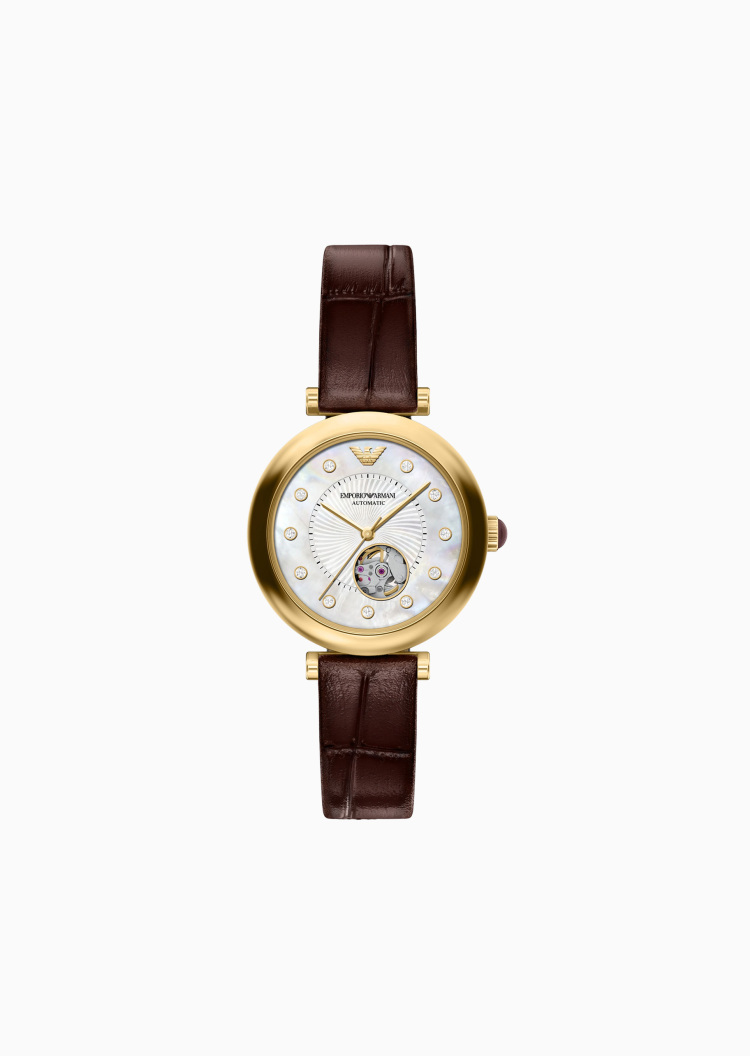 Emporio Armani 【预售】七夕限定女士圆形表盘皮带镂空潮流机械腕表