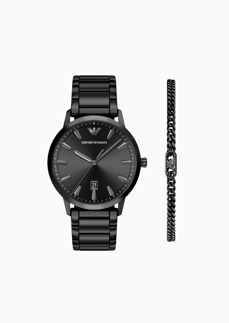 Emporio Armani 男士圆形大表盘钢带石英手表腕表手链套装