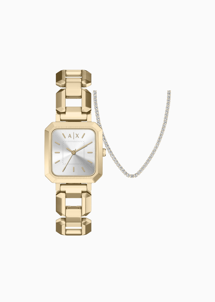 ARMANI EXCHANGE 女士小方表镂空钢带石英腕表项链套装