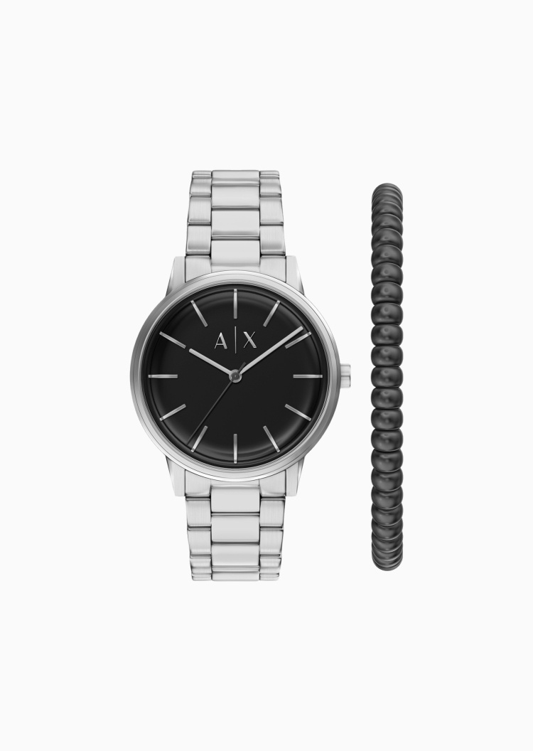 ARMANI EXCHANGE 男士圆形大表盘钢带石英手表腕表手链套装