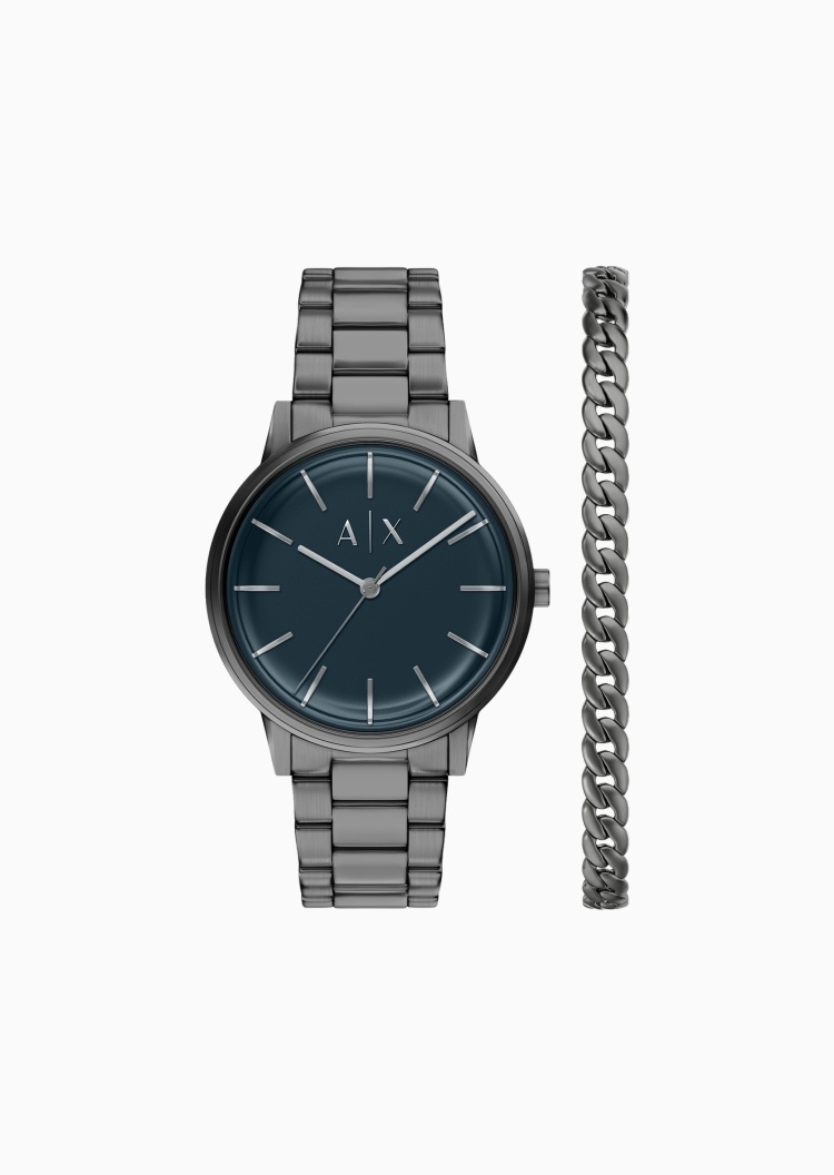 ARMANI EXCHANGE 男士圆形大表盘钢带石英腕表手链套装